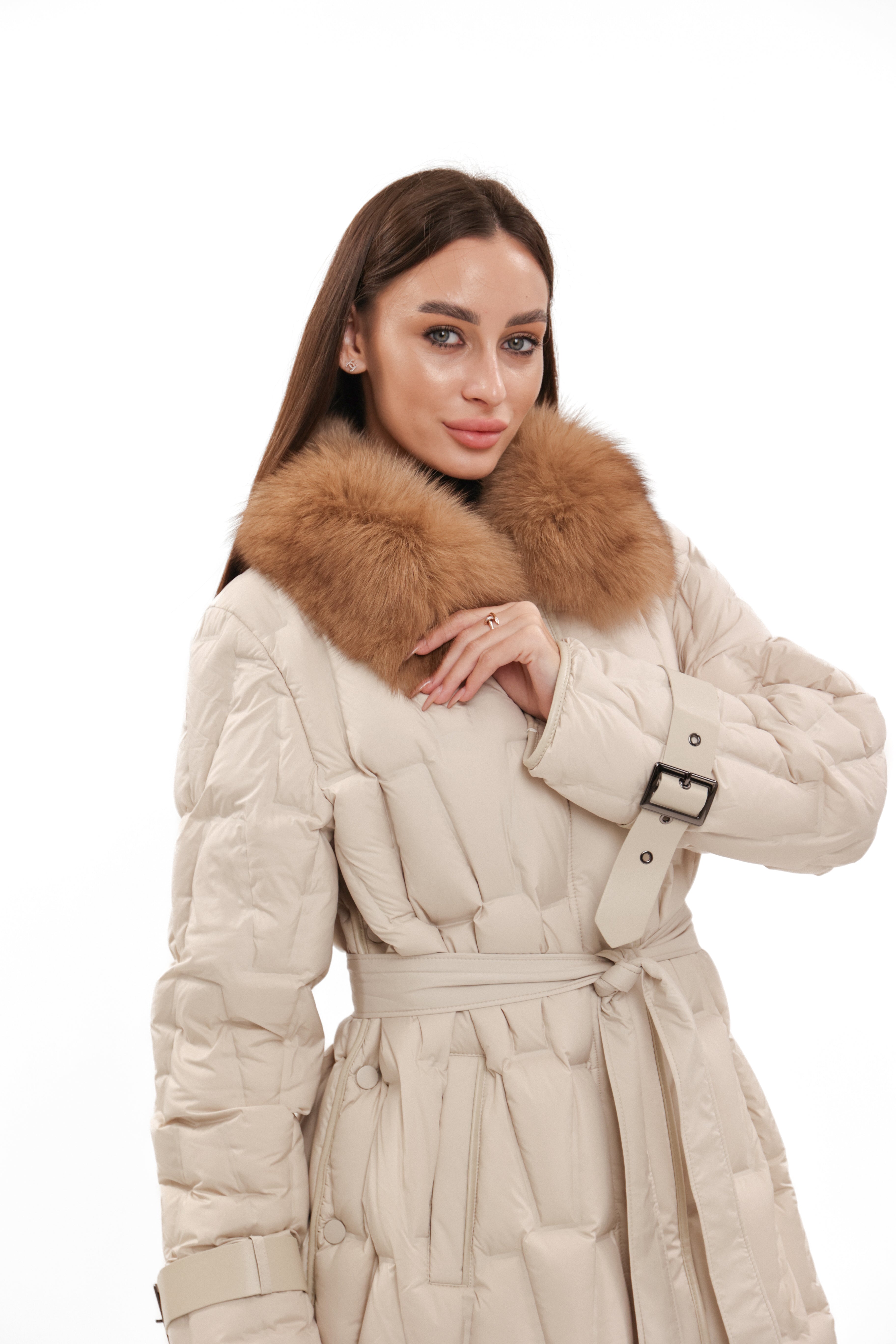 Riley Genuine Fur Trim Down Fill Coat in Ivory