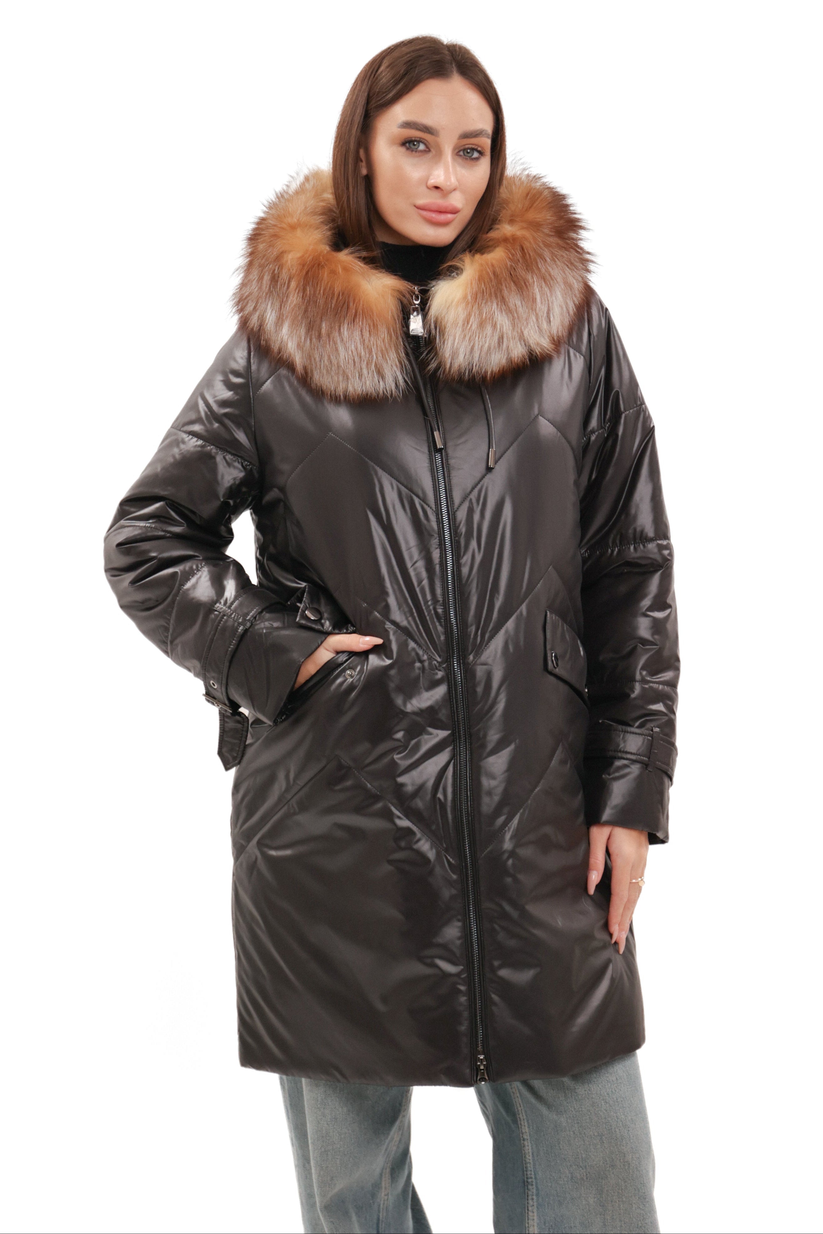 Genuine Fox Fur Trim Mid Length Coat