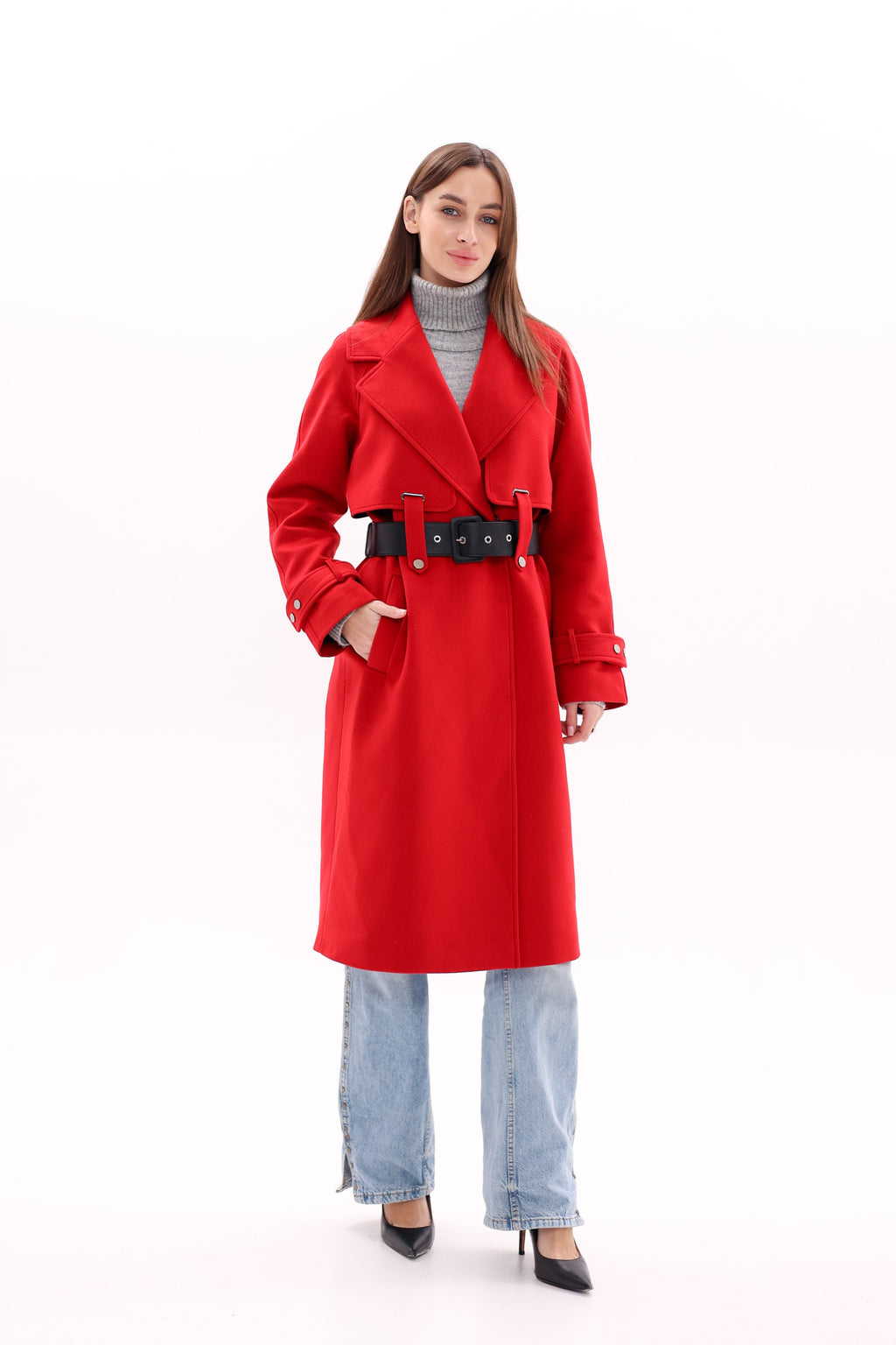 Karina Belted Wool Cashmere Blend Overcoat in Ruby