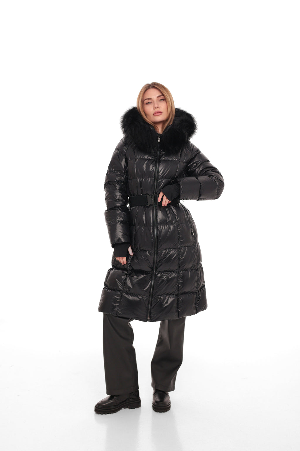 Cyrus Genuine Fur Trim Down Fill Coat in Black