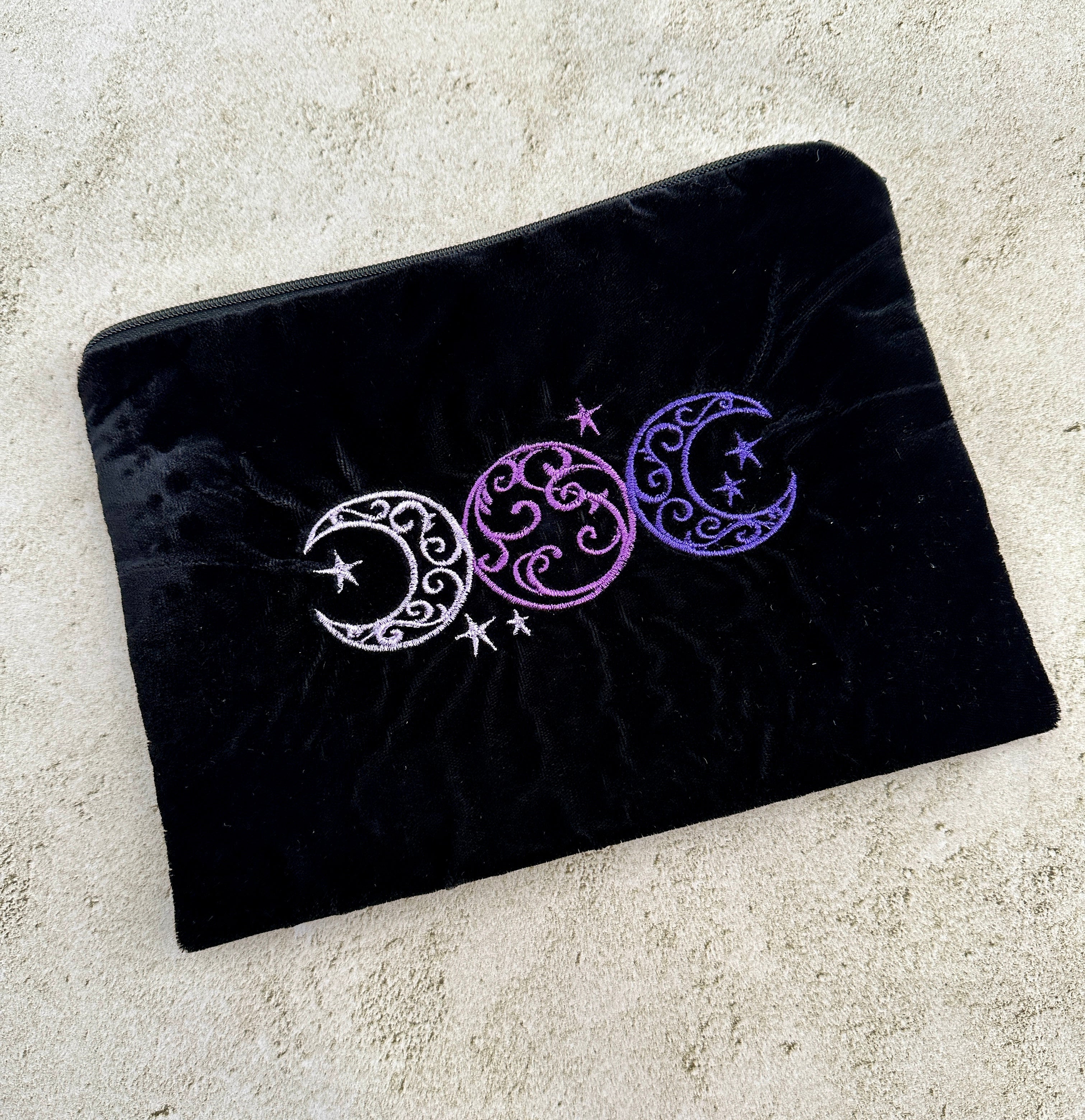 Witchy Triple Moon Embroidered Velvet Tarot Bag With Zipper & Satin Lining