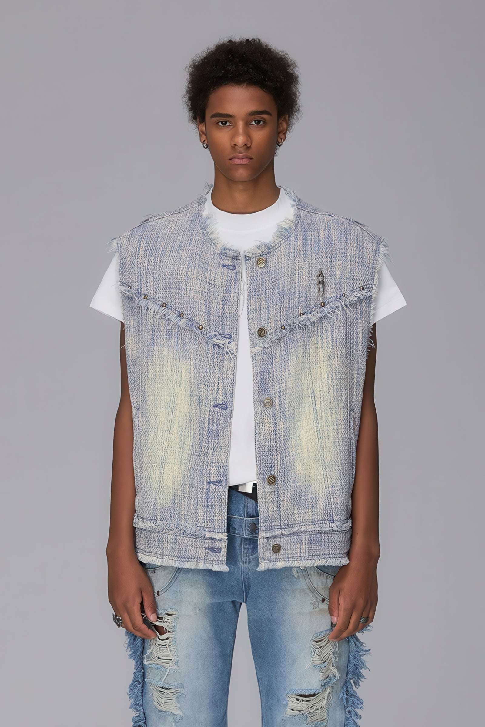 Distressed Denim Vest - Washed Rivet & Frayed Hem Design
