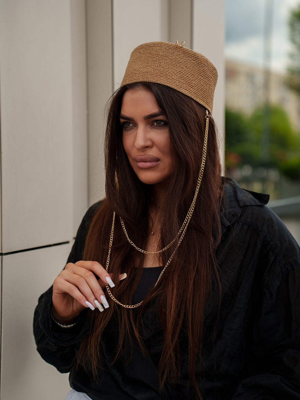 Palomna Double Chain Pierced Hat in Dark Beige