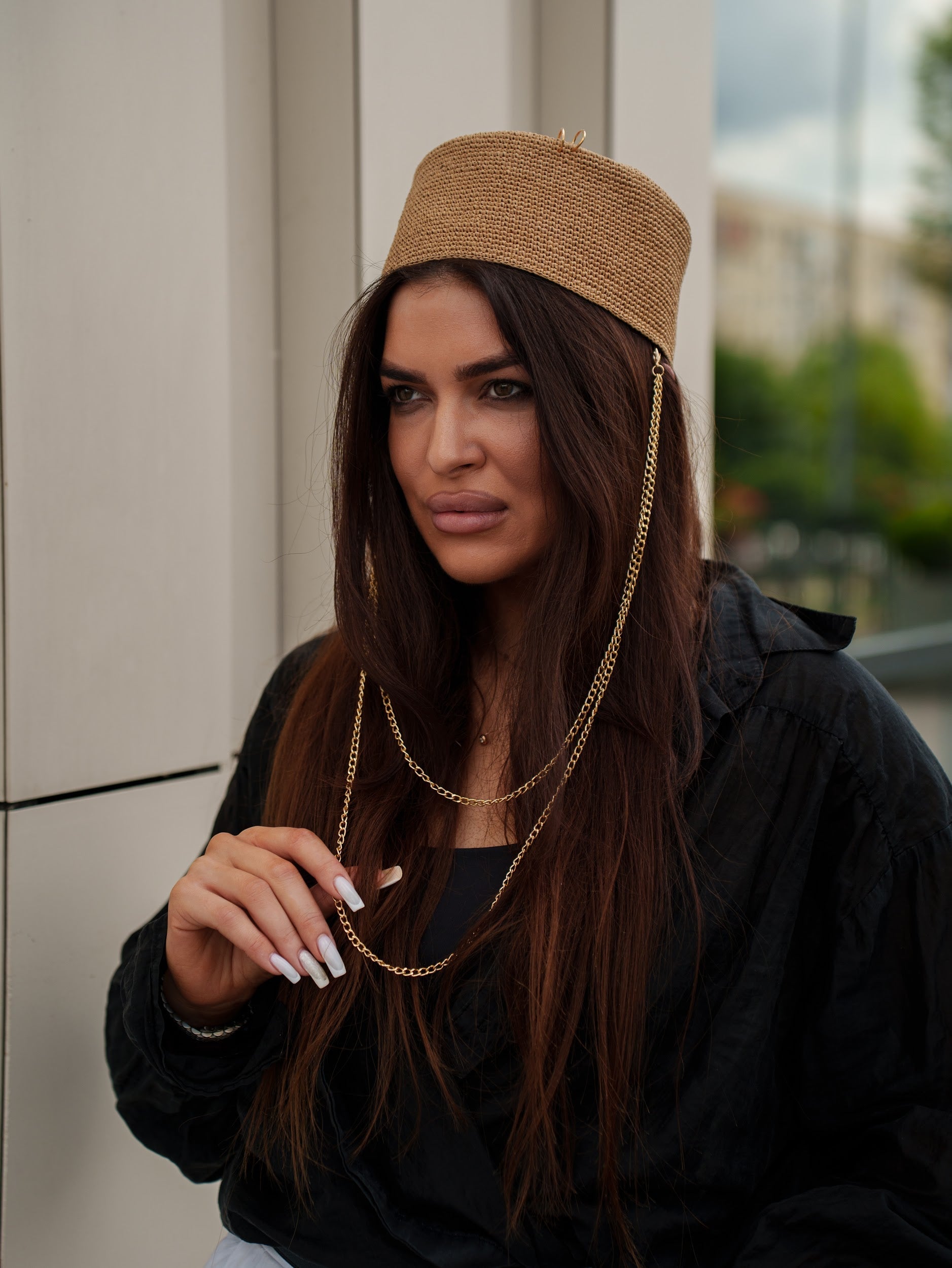 Palomna Double Chain Pierced Hat in Dark Beige