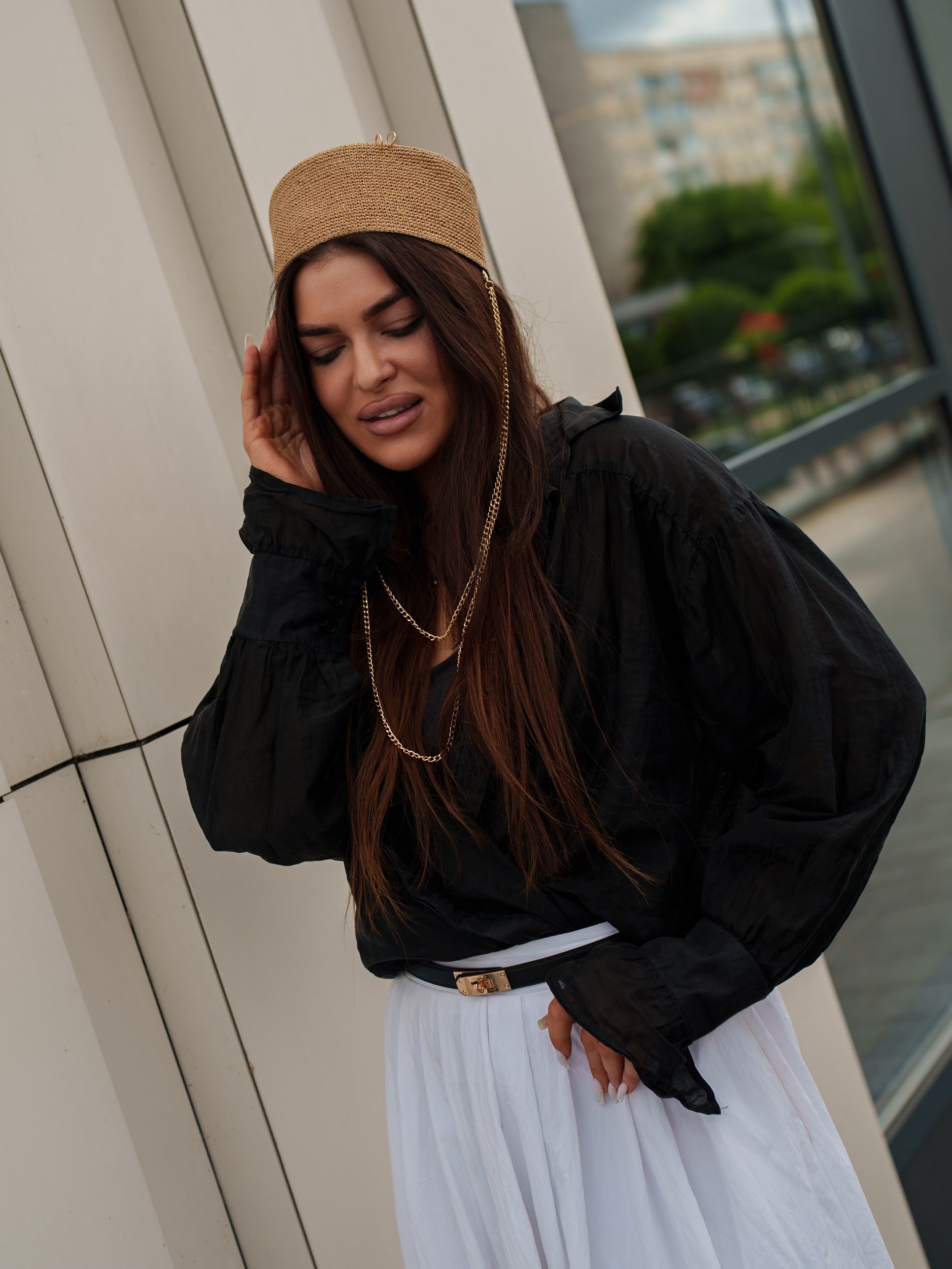 Palomna Double Chain Pierced Hat in Dark Beige