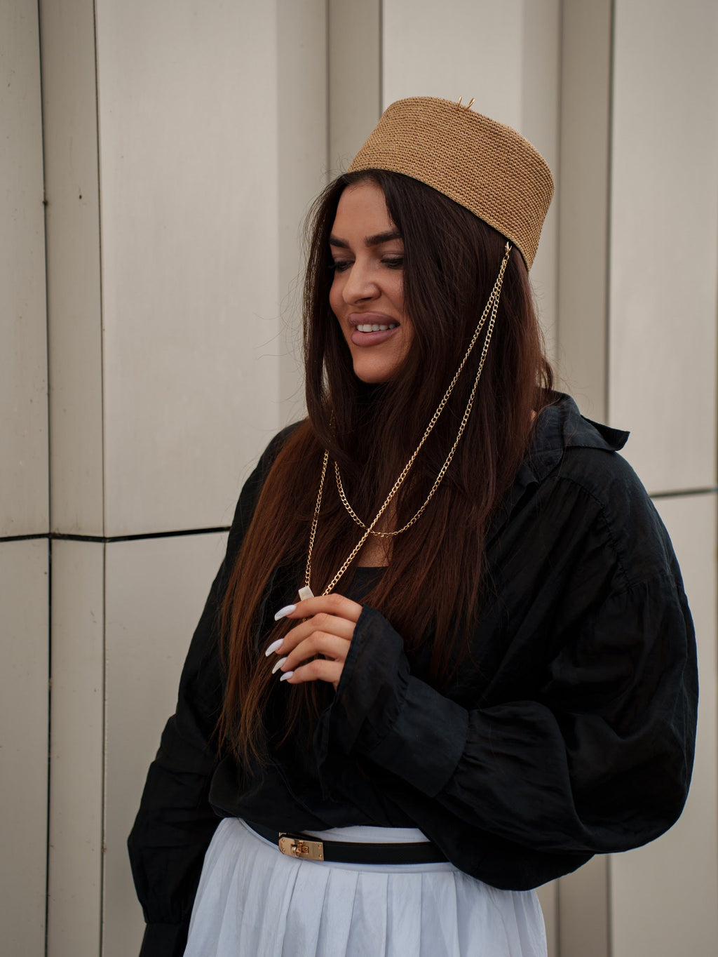 Palomna Double Chain Pierced Hat in Dark Beige