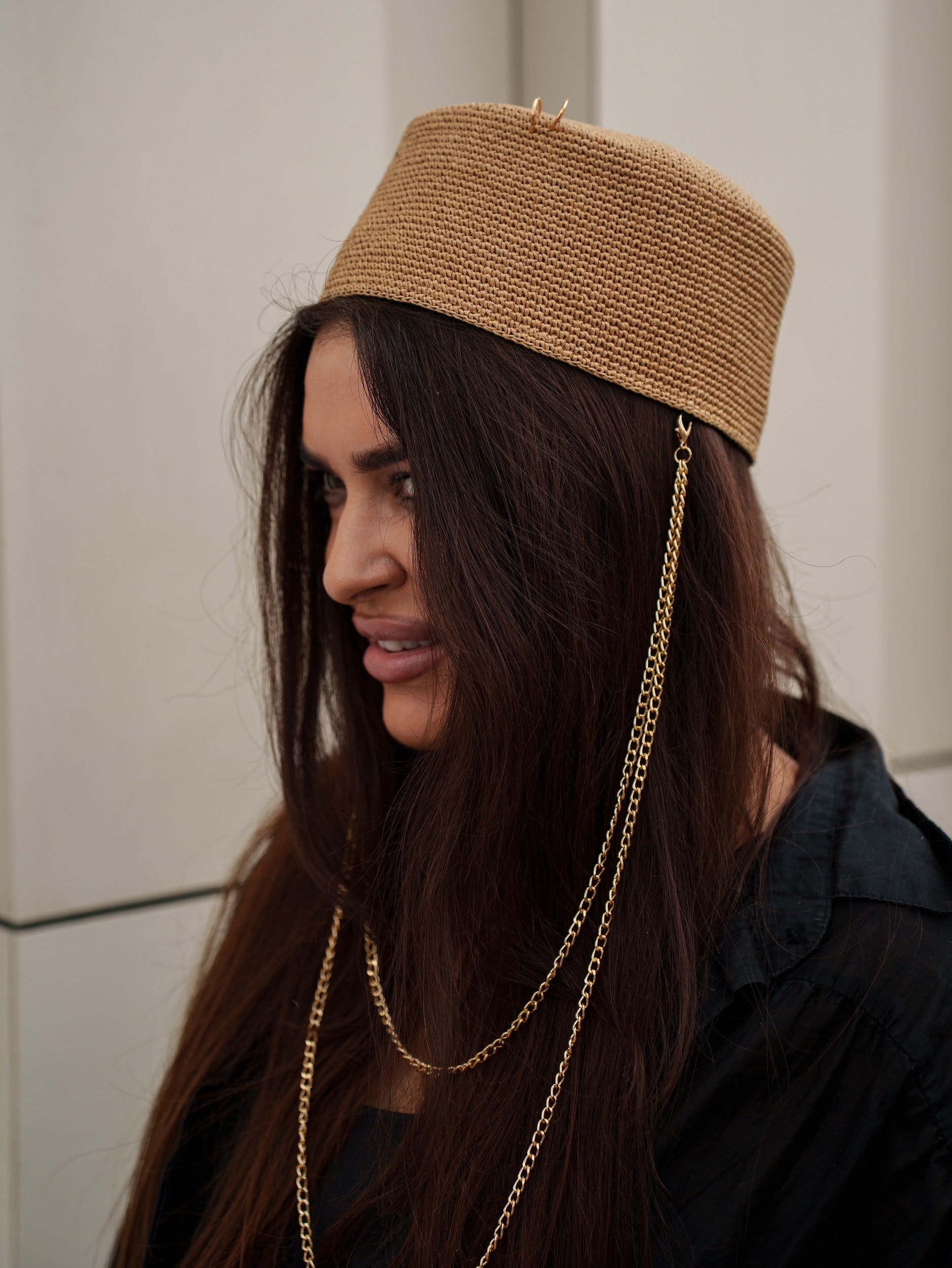 Palomna Double Chain Pierced Hat in Dark Beige