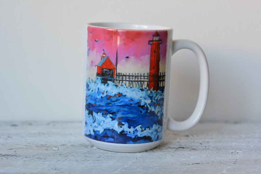 Drinkware -Pink Sky at Night Grand Haven Lighthouse Michigan.