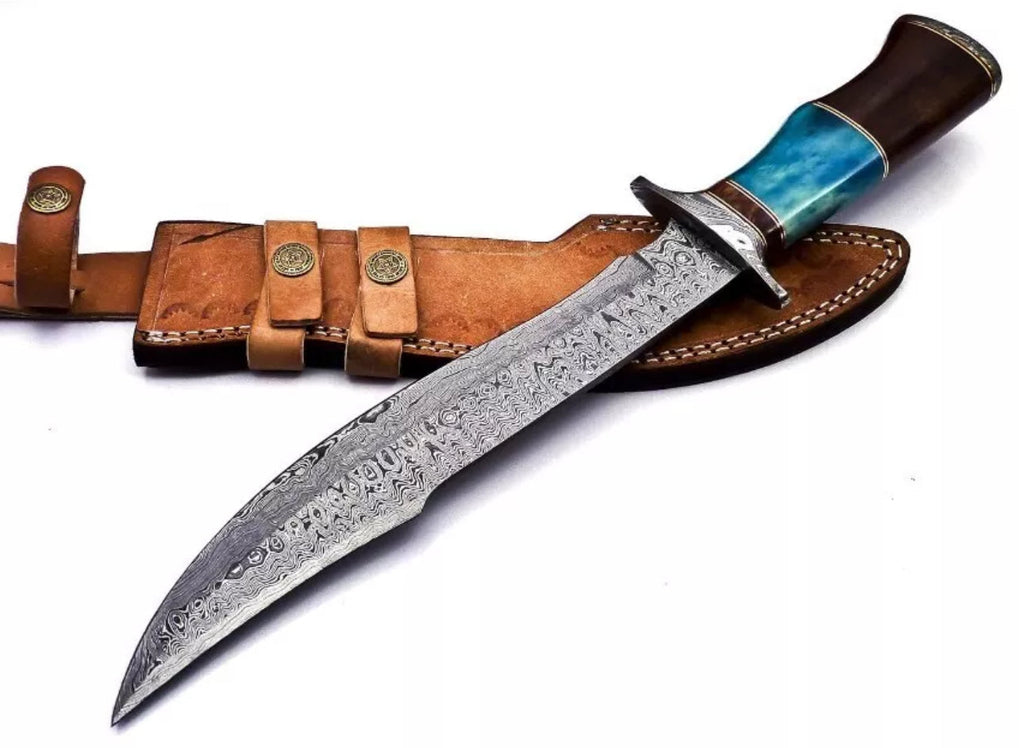 Custom Damascus Steel Bowie Knife | Color Bone & Rosewood Handle with Damascus Guard | Includes Leather Sheath