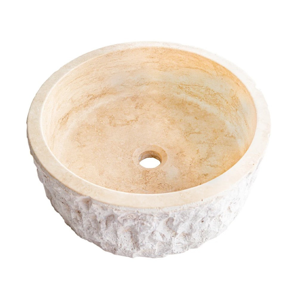 Denizli Beige Travertine Vessel Sink Rustic Hand Chiseled Exterior Honed Interior D16