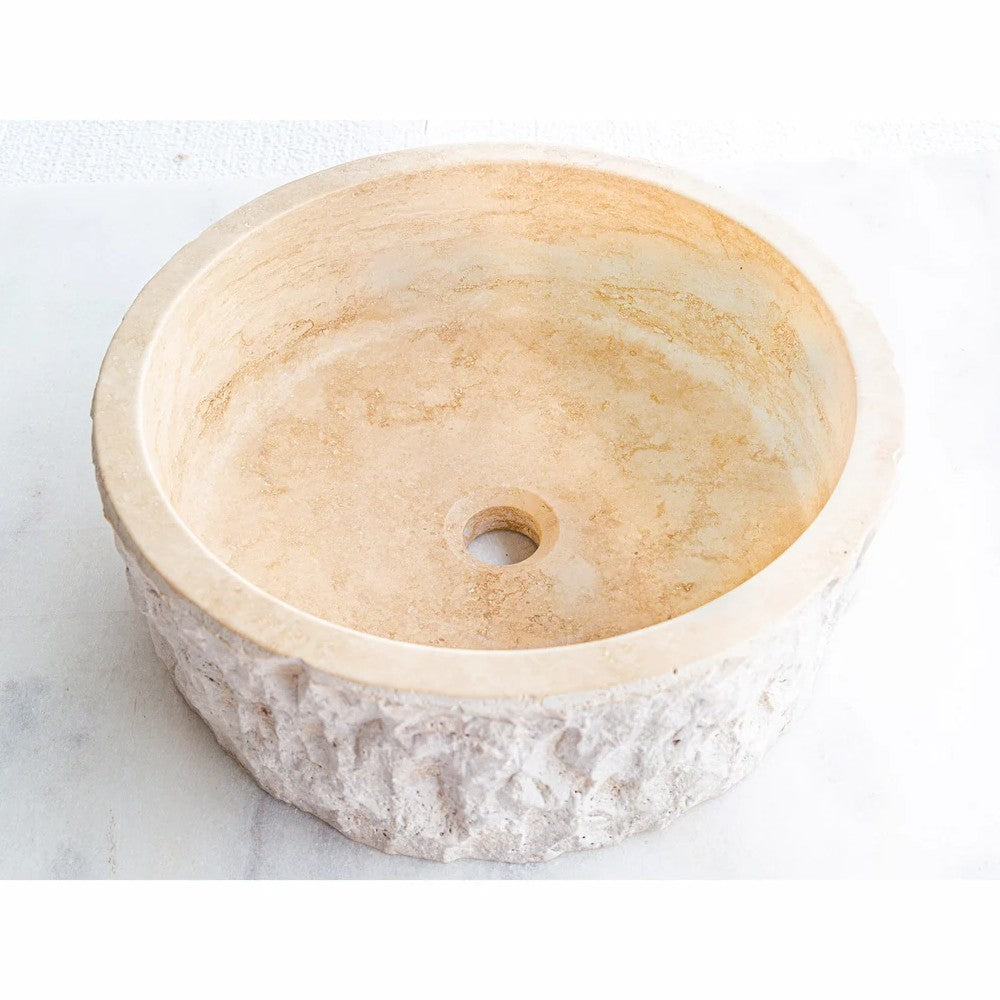 Denizli Beige Travertine Vessel Sink Rustic Hand Chiseled Exterior Honed Interior D16