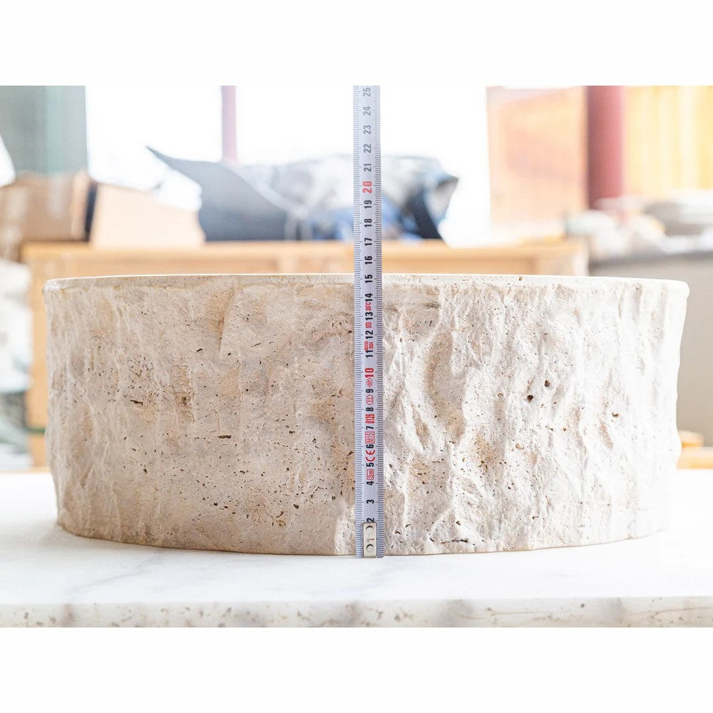 Denizli Beige Travertine Vessel Sink Rustic Hand Chiseled Exterior Honed Interior D16