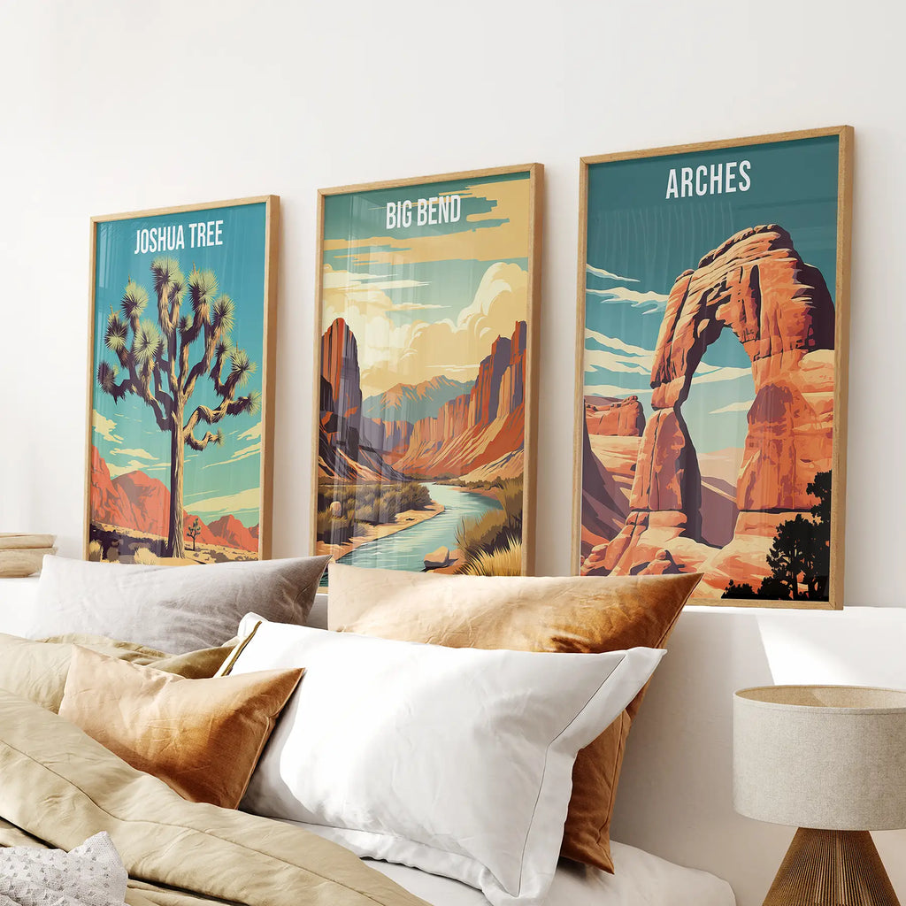 3 Piece USA National Park Art. Big Bend, Arches, Joshua Tree