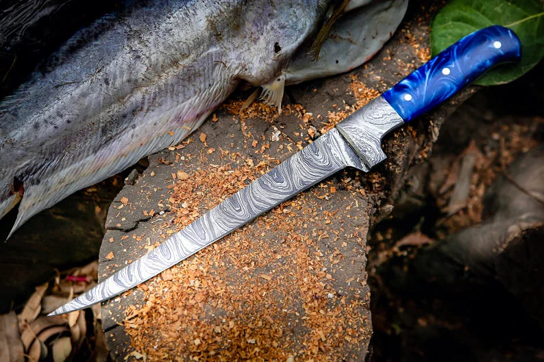 Custom Handmade 13-Inch Damascus Fillet Knife with Blue Resin Handle and Damascus Steel Bolster