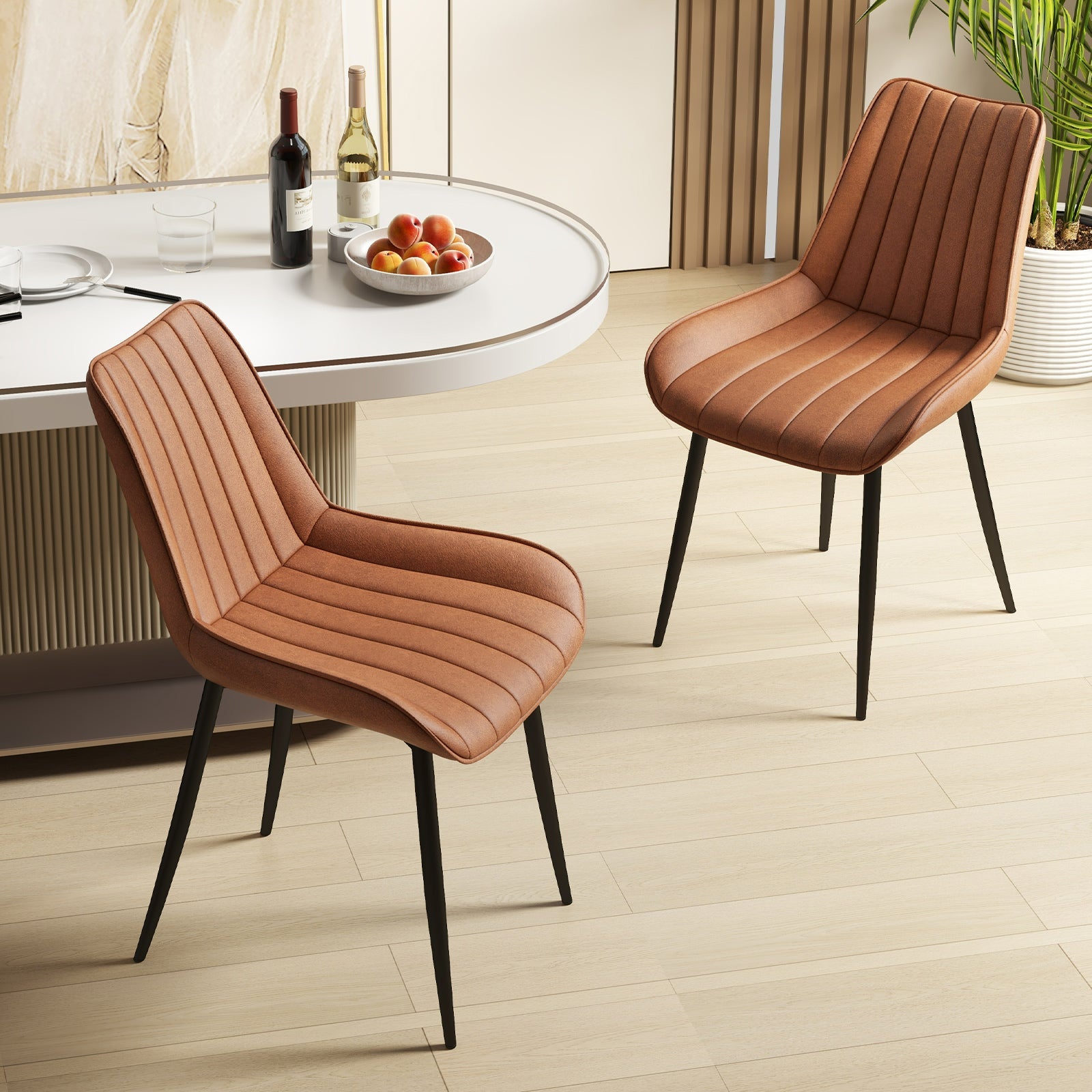 Faux-Leather Fabric Dining Chair Set of 2 with Metal Legs and Padded Seat