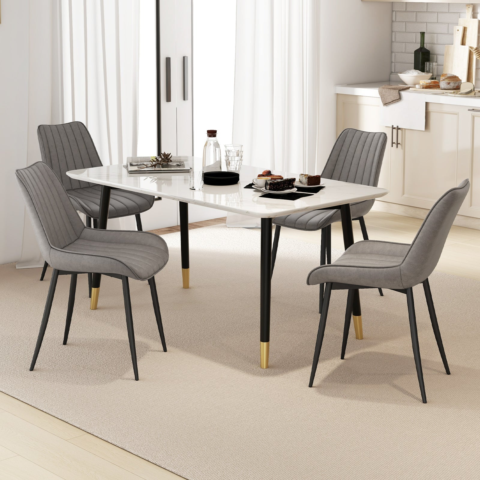 Faux-Leather Fabric Dining Chair Set of 2 with Metal Legs and Padded Seat