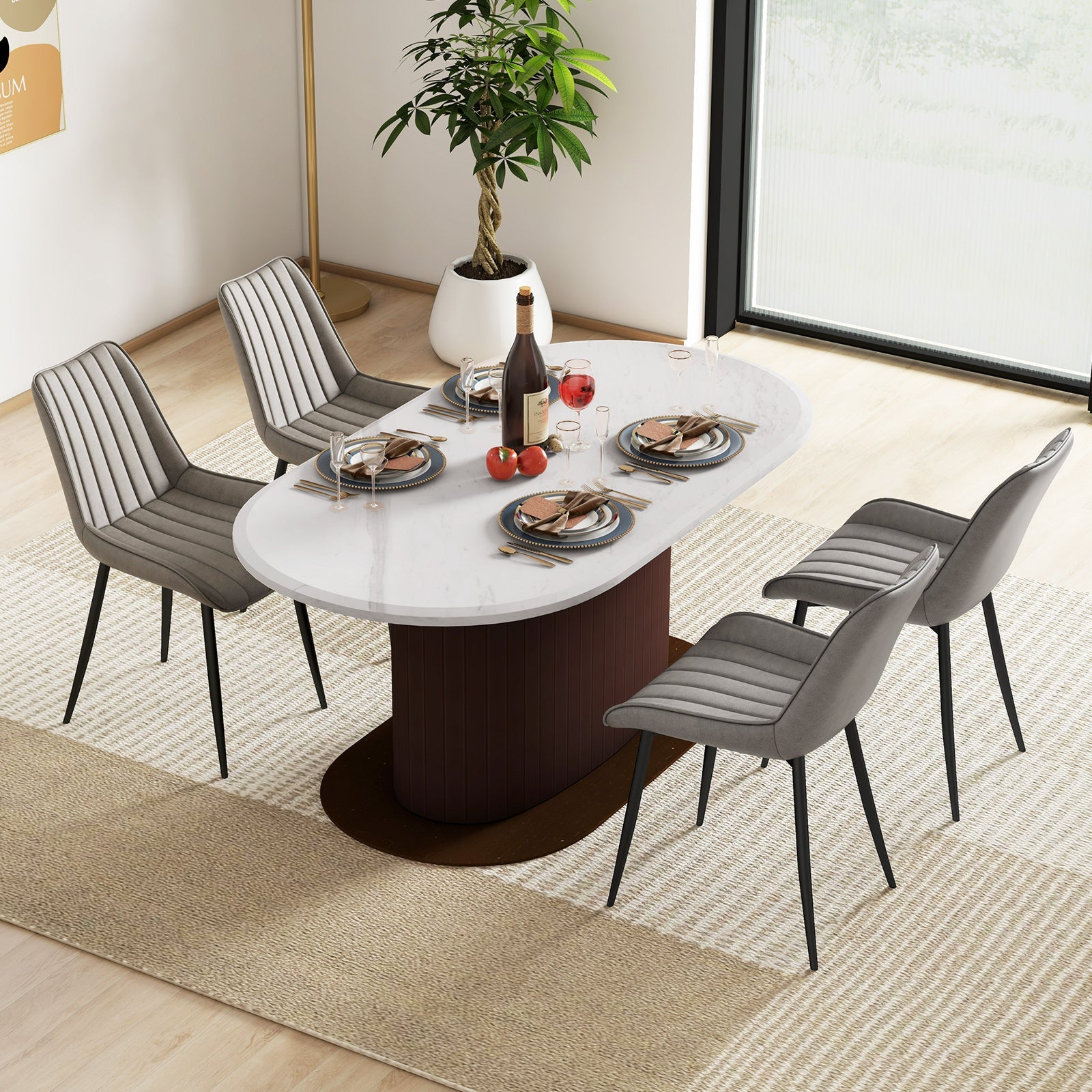 Faux-Leather Fabric Dining Chair Set of 2 with Metal Legs and Padded Seat