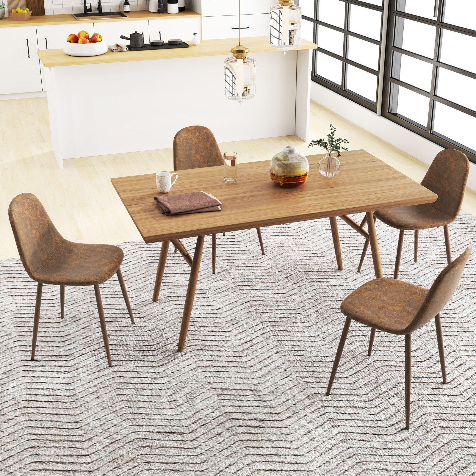 Dining Chair Set of 4 Faux PU Leather Upholstered Kitchen Chairs with Metal Legs-Brown