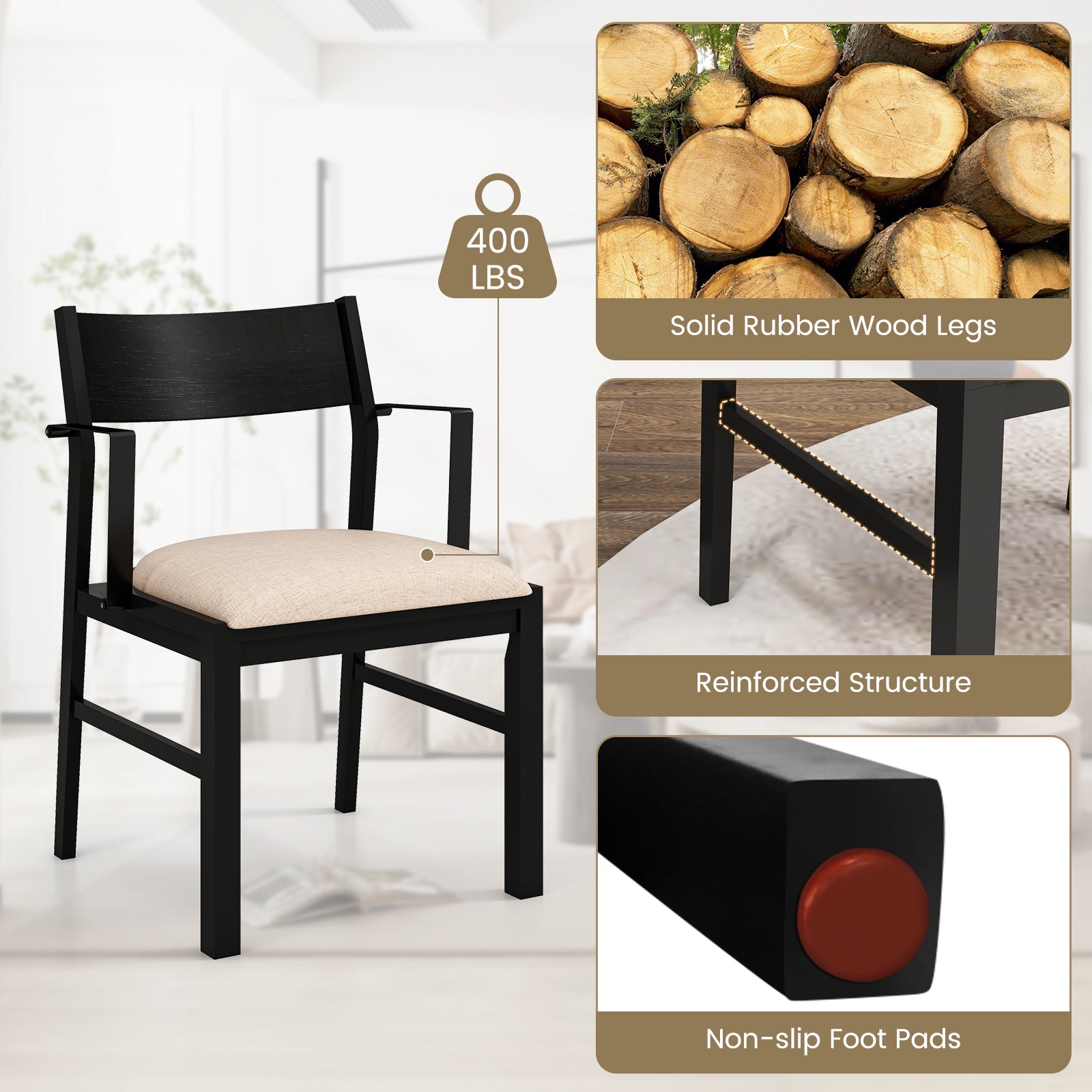 Dining Chair with Contoured Backrest and Padded Seat Set of 2