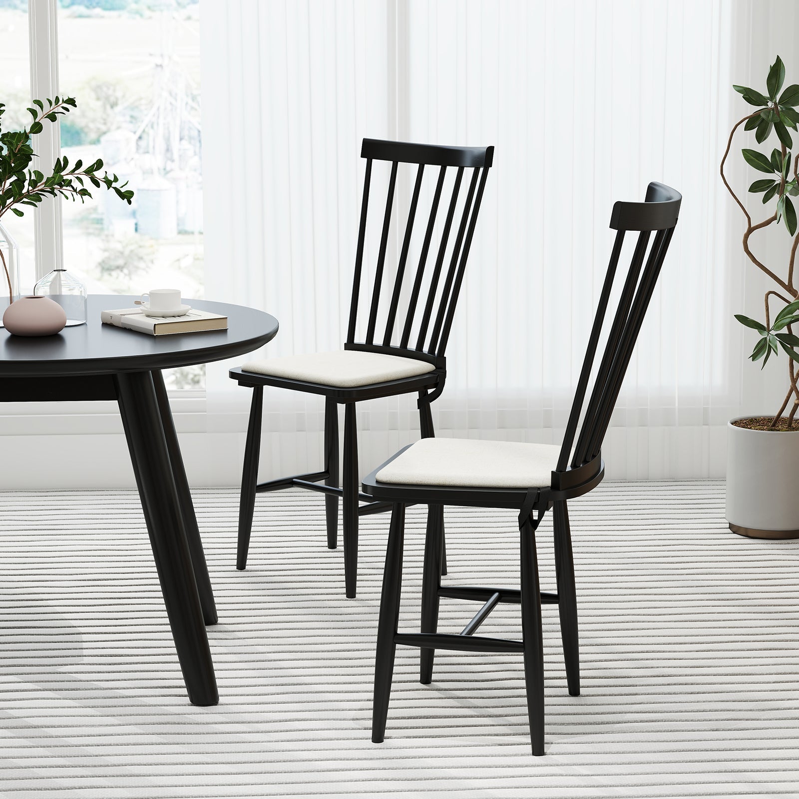 Dining Chairs Set of 2 Farmhouse Solid Rubber Wood Windsor Chairs with Removable Seat Cushions-Black