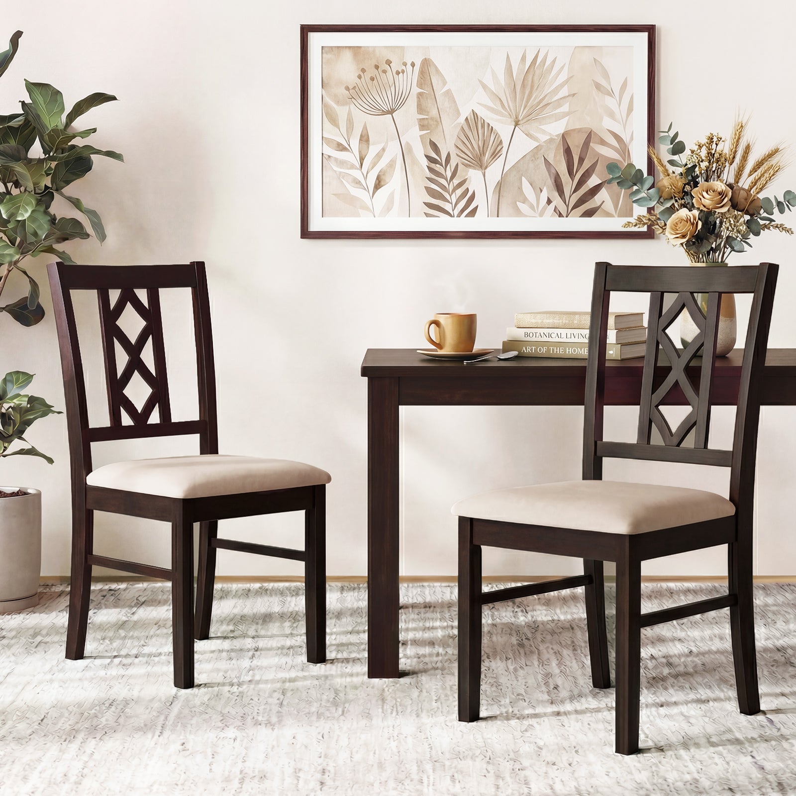 Dining Room Chairs Set of 2 Rubber Wood Dining Chairs with Hollowed Backrest-Brown