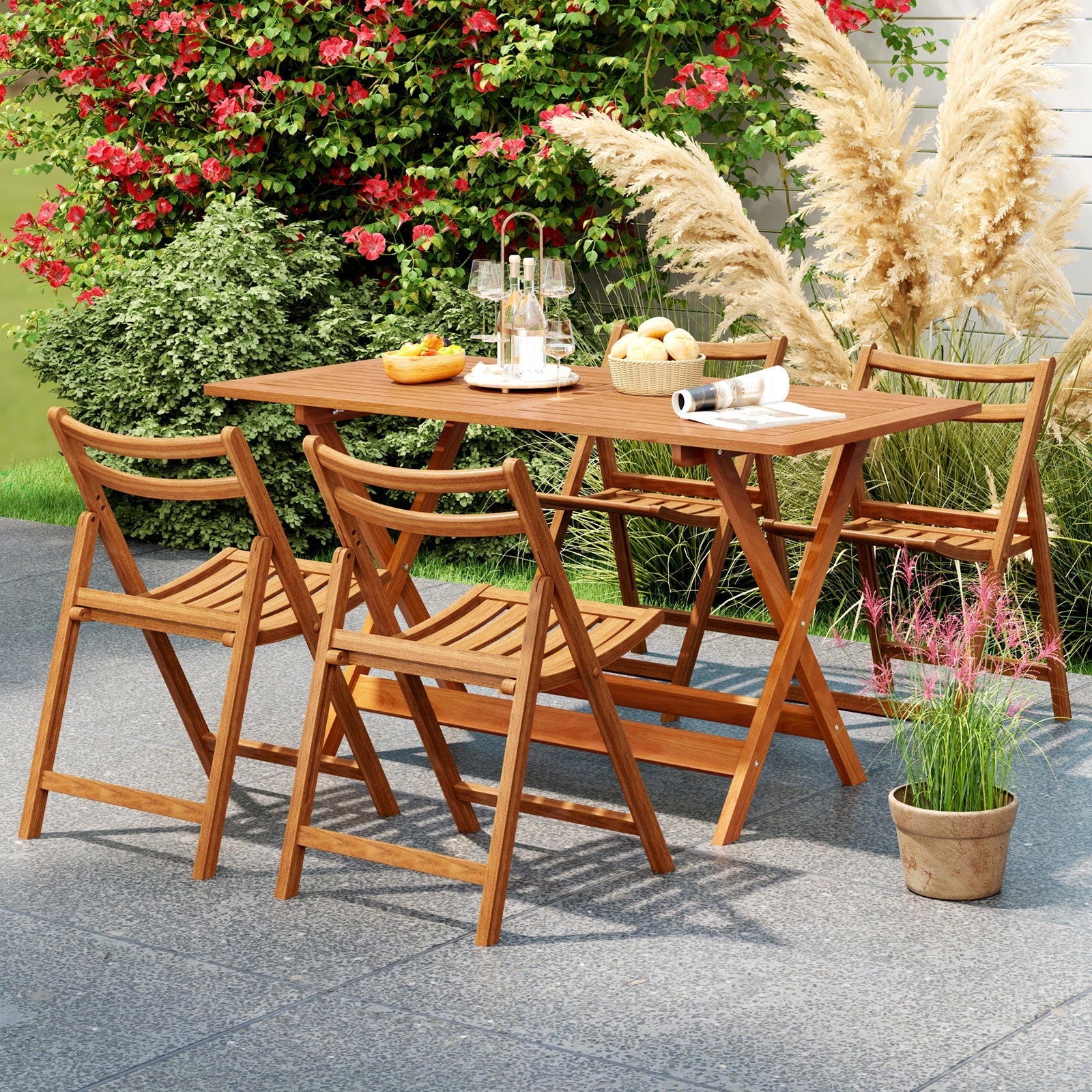 54.5 Inch x 27.5 Inch  Patio Dining Table with Teak Painting and Umbrella Hole