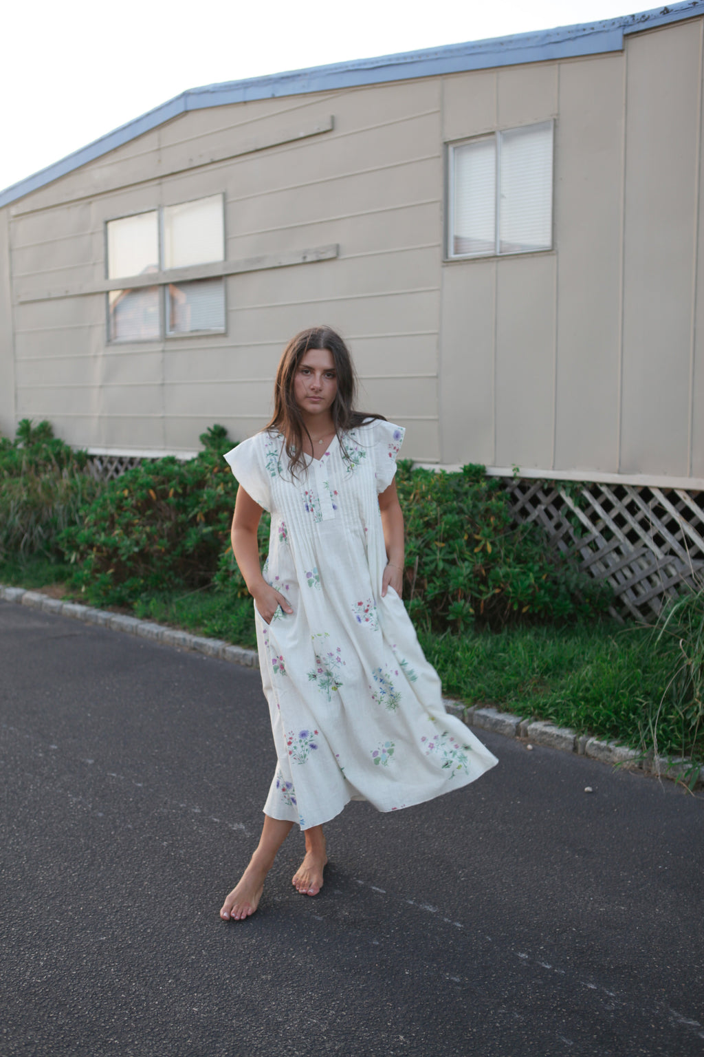 Doris Midi Dress in Cream Botanical