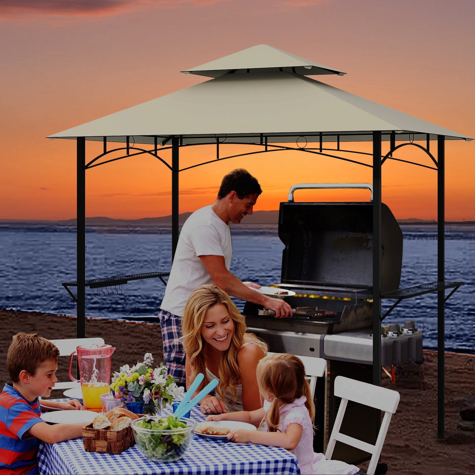 Outdoor Double-Tiered Grill Gazebo Canopy with 2 Shelves and 7 Hooks