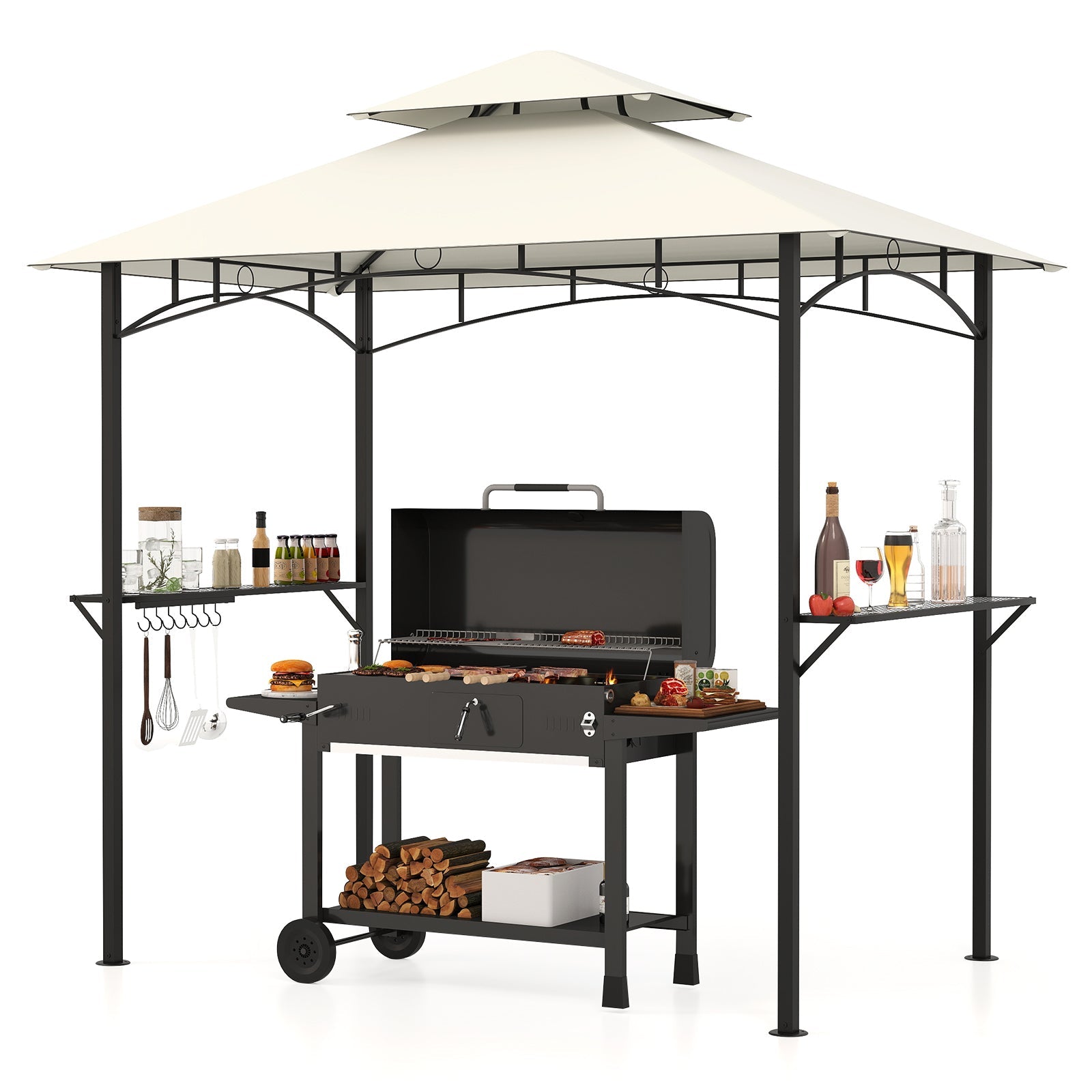 Outdoor Double-Tiered Grill Gazebo Canopy with 2 Shelves and 7 Hooks