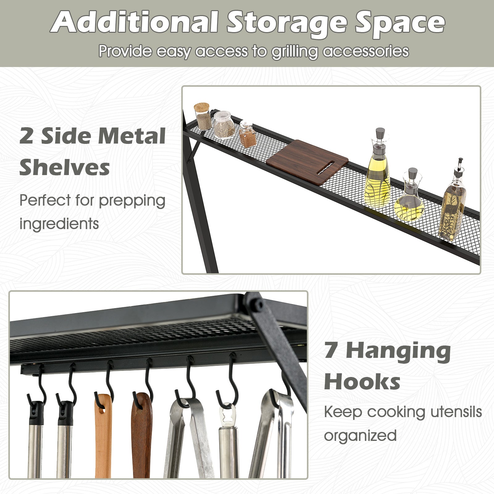 Outdoor Double-Tiered Grill Gazebo Canopy with 2 Shelves and 7 Hooks