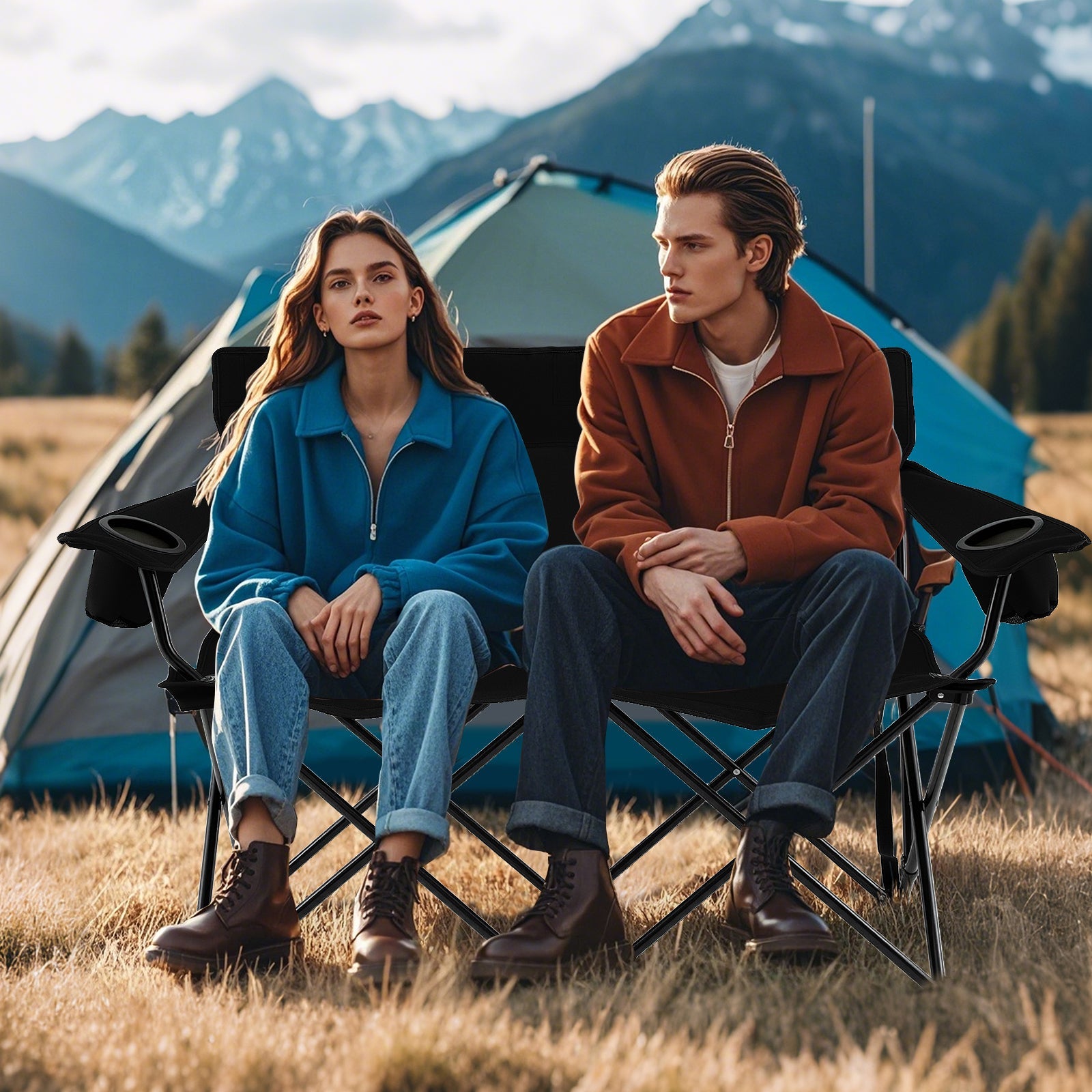 Double Camping Chair 2-Person Outdoor Folding Loveseat with Cup Holders