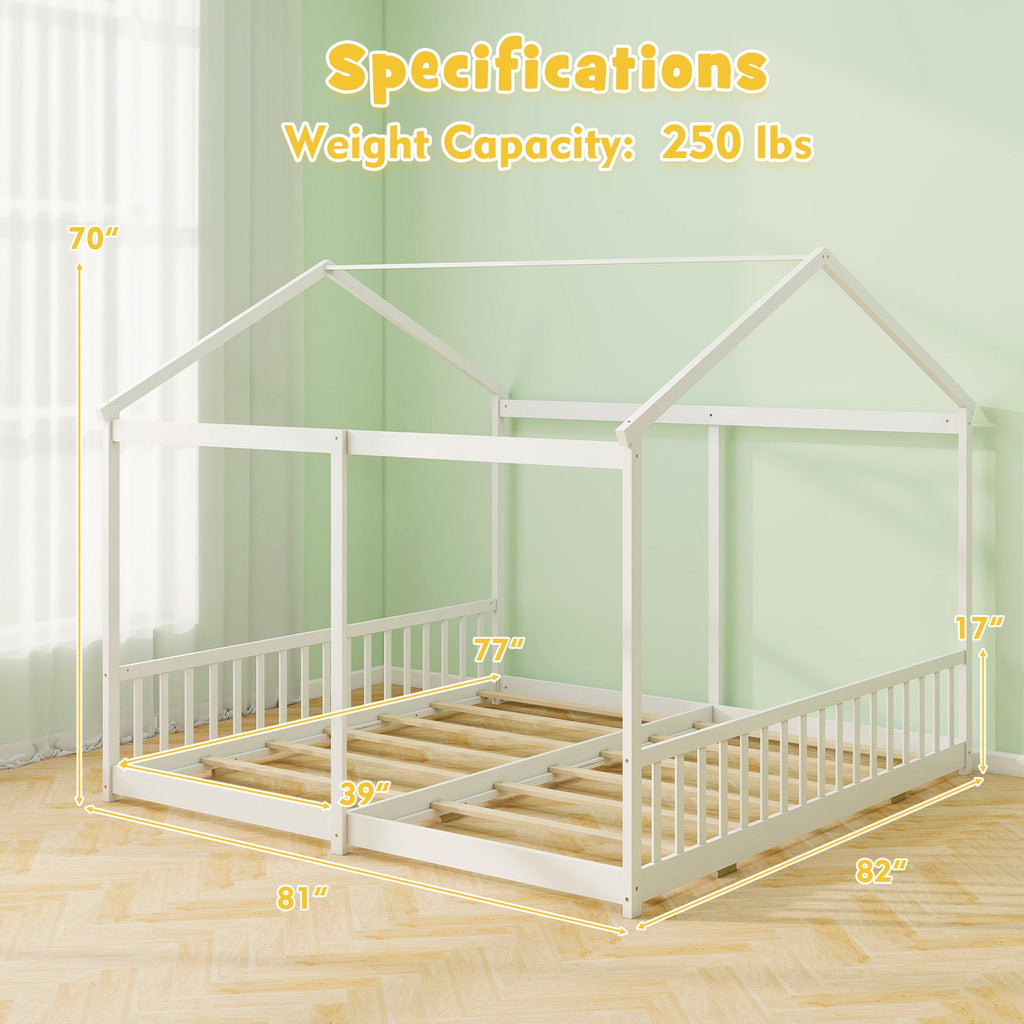 Double Floor Bed for Twins House Beds with Safety Guardrails for 2 Kids-White