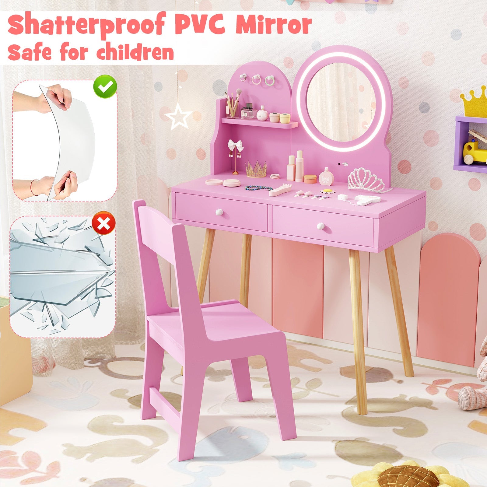 Kids Princess Makeup Dressing Desk and Chair Set with Mirror and Lights
