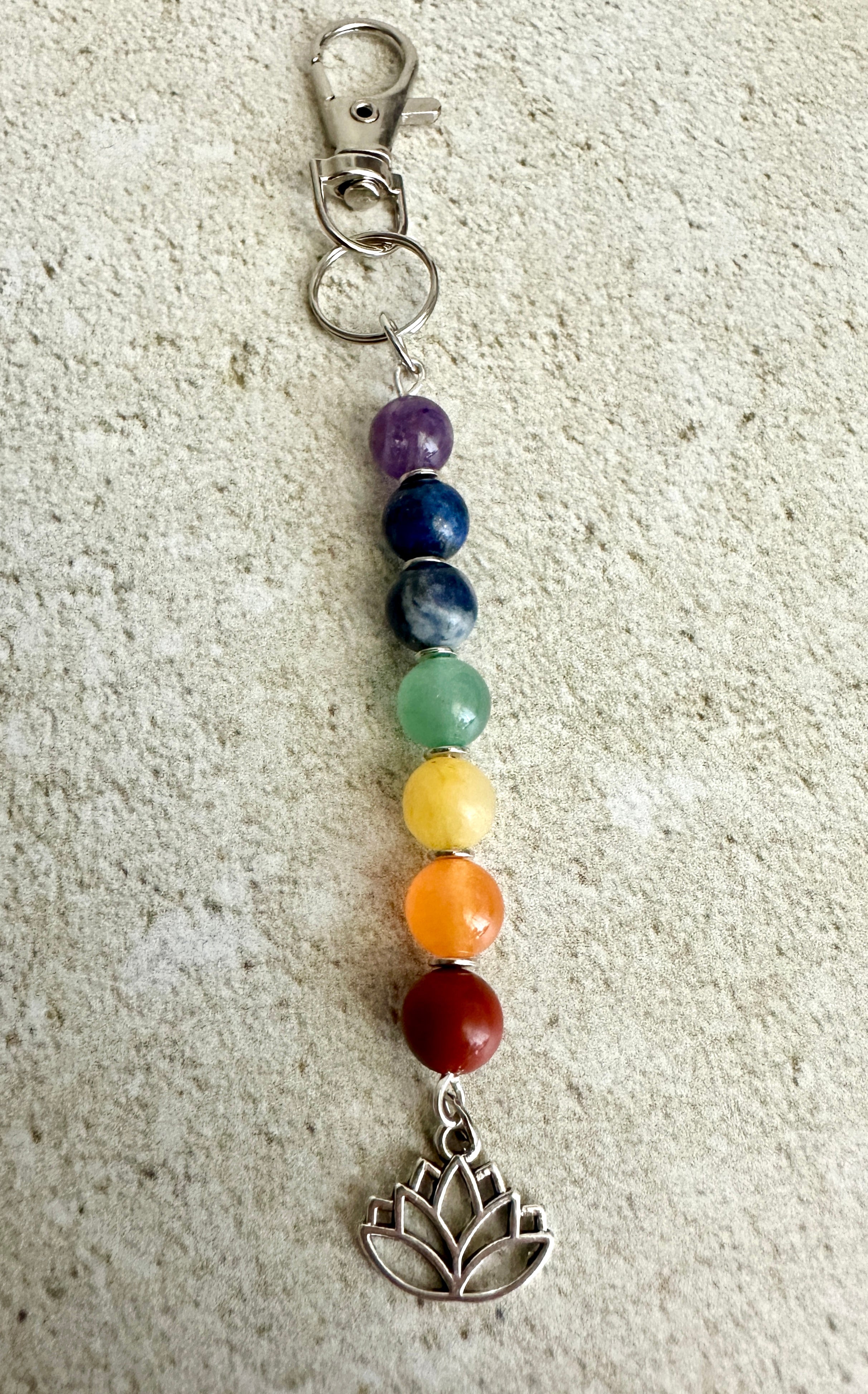 7 Chakra Crystal Gemstone Bag Charm Keychain - Choose Silver Lotus, Moon, Om Charm