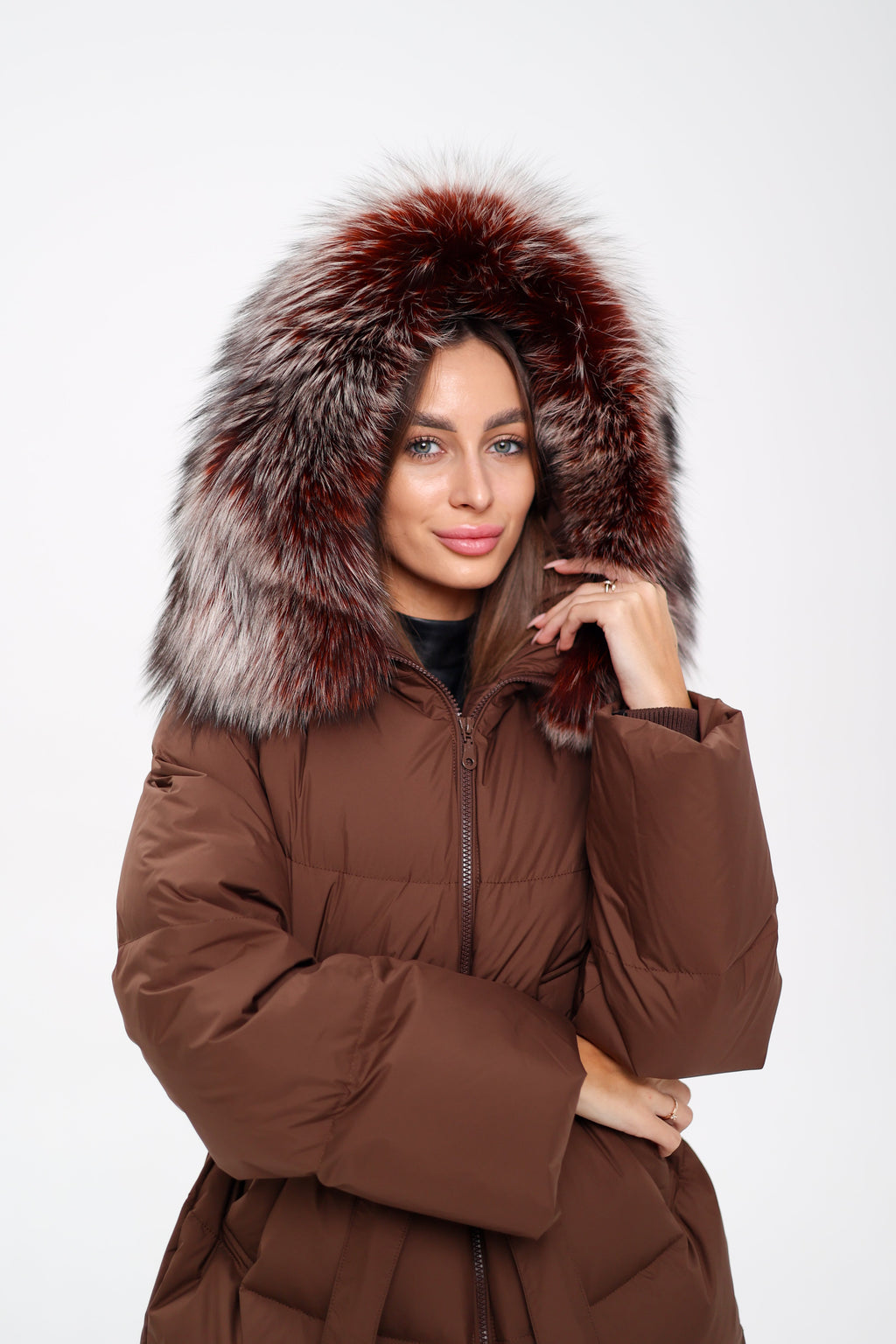Genuine Silver Fox Down Fill Coat in Chocolate