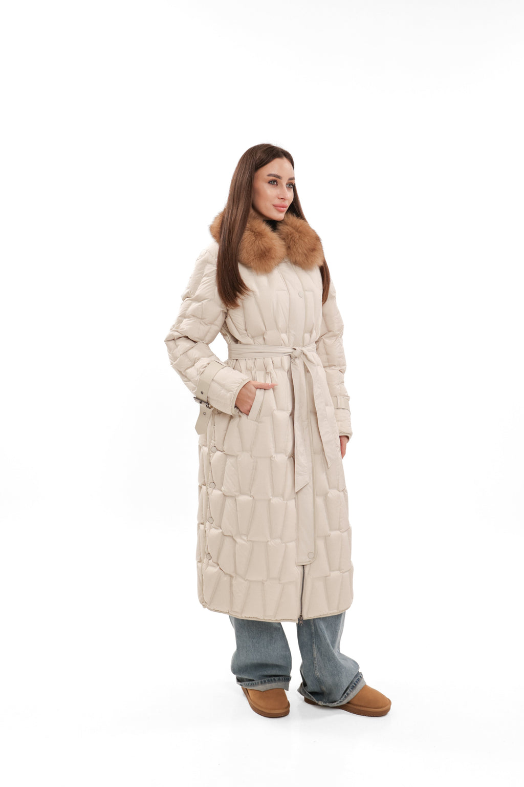 Riley Genuine Fur Trim Down Fill Coat in Ivory