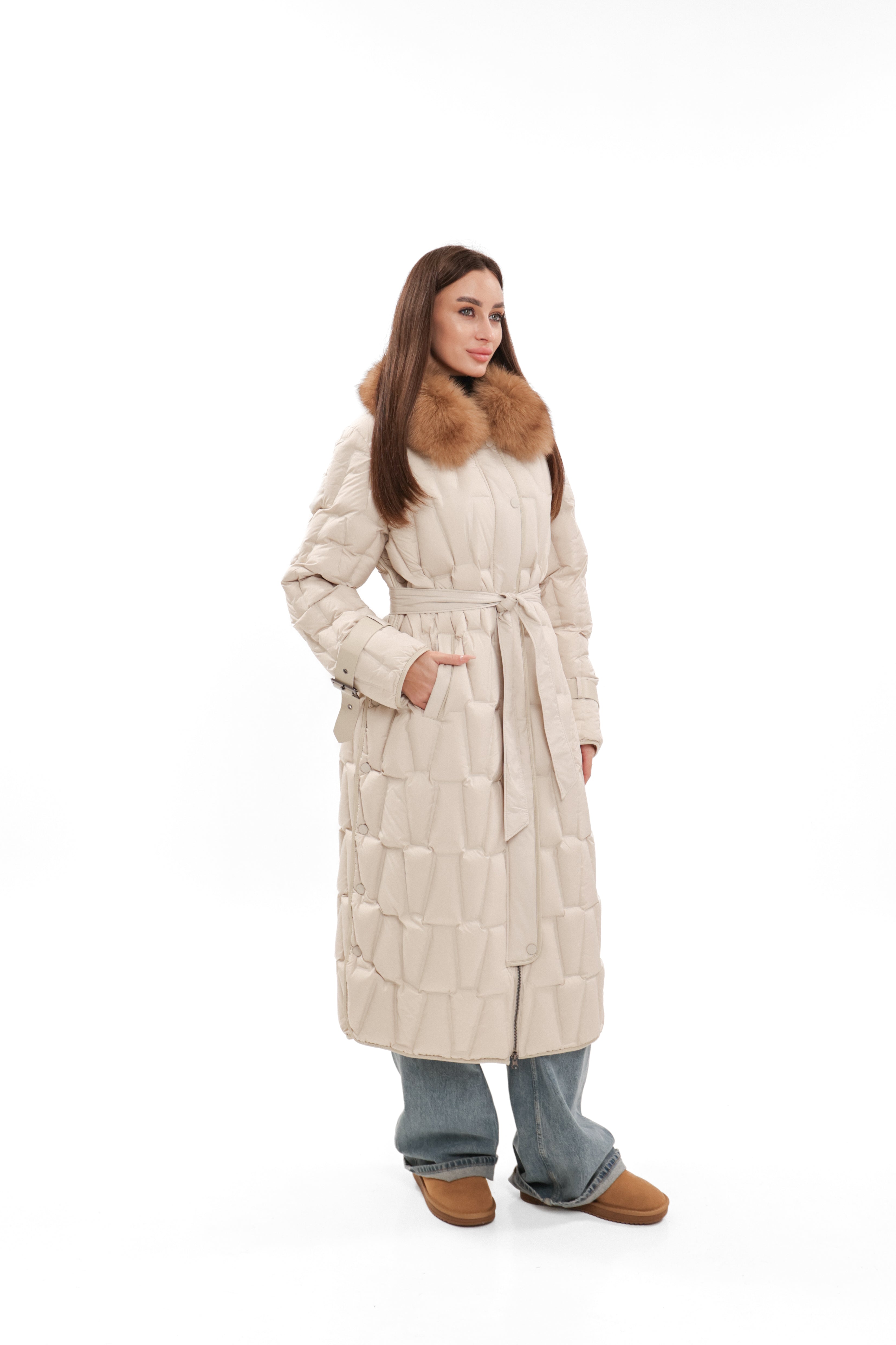 Riley Genuine Fur Trim Down Fill Coat in Ivory