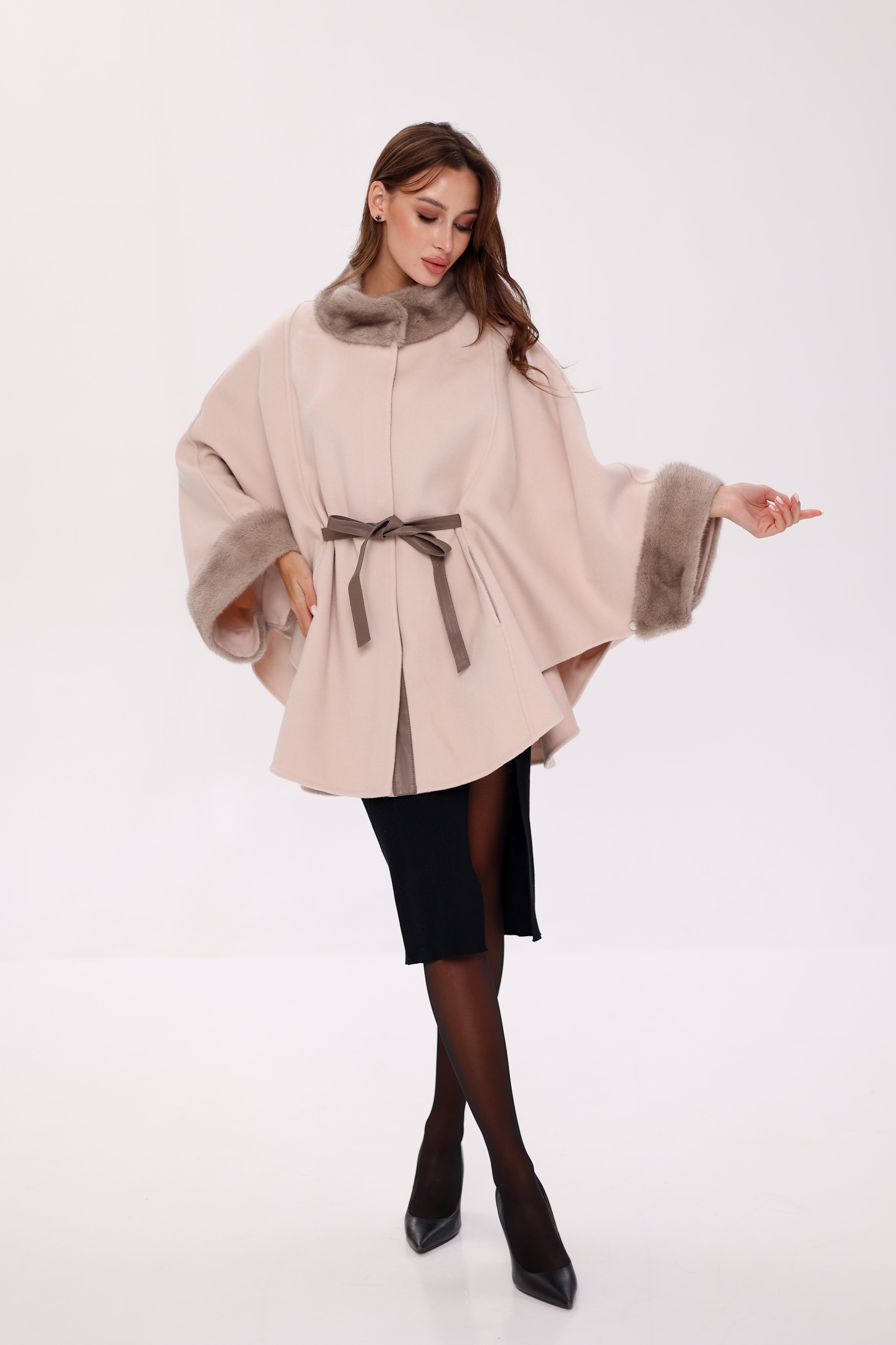 Genuine Mink Fur Double Face Wool Poncho