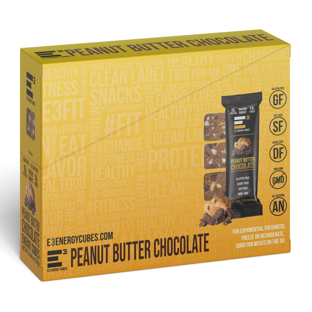Peanut Butter & Chocolate E3 Energy Cubes | High-Fiber, All-Natural Protein Bars (12 bars)