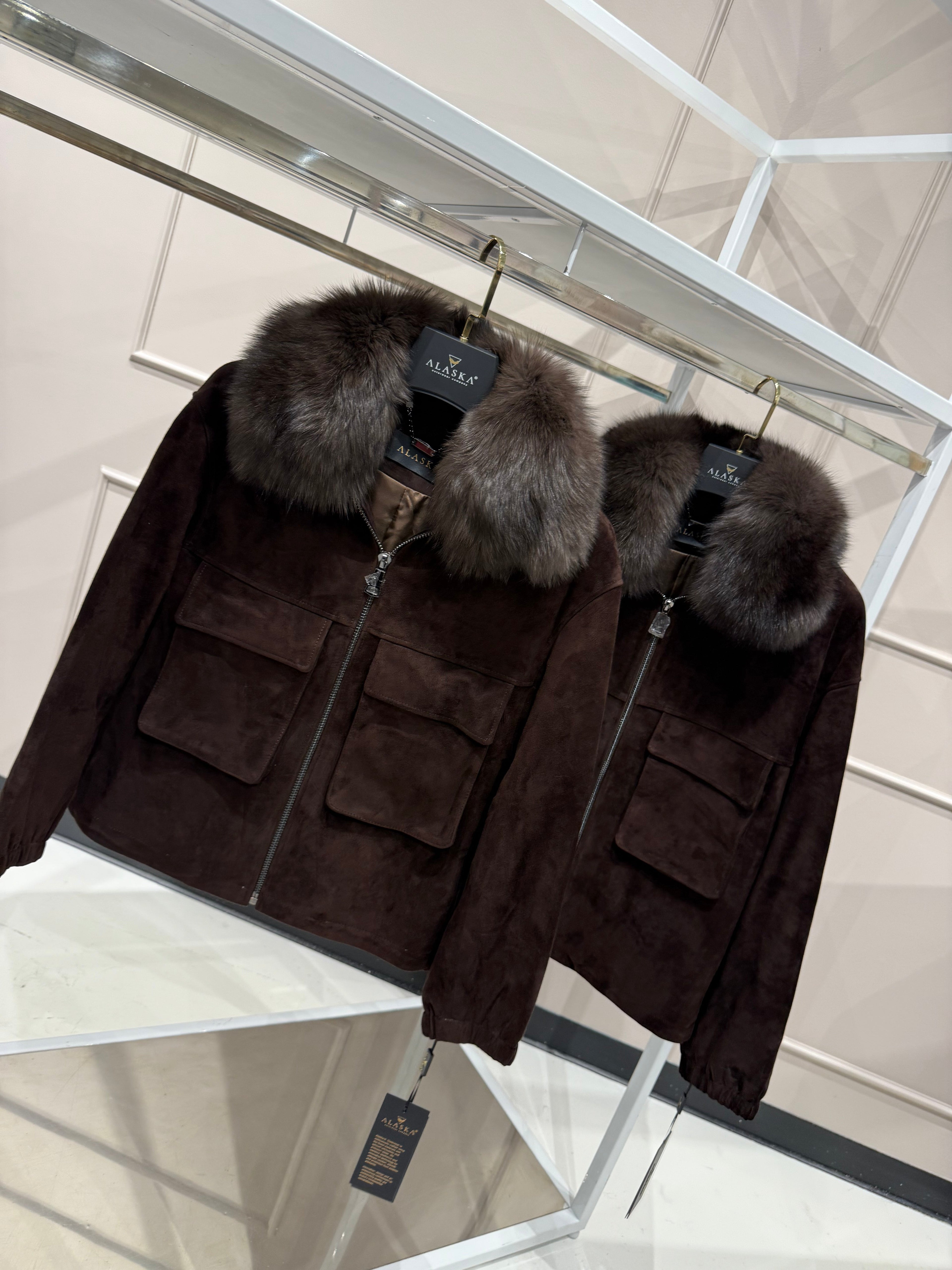 Nebraska Genuine Suede Polar Fox Trim Jacket in Cognac