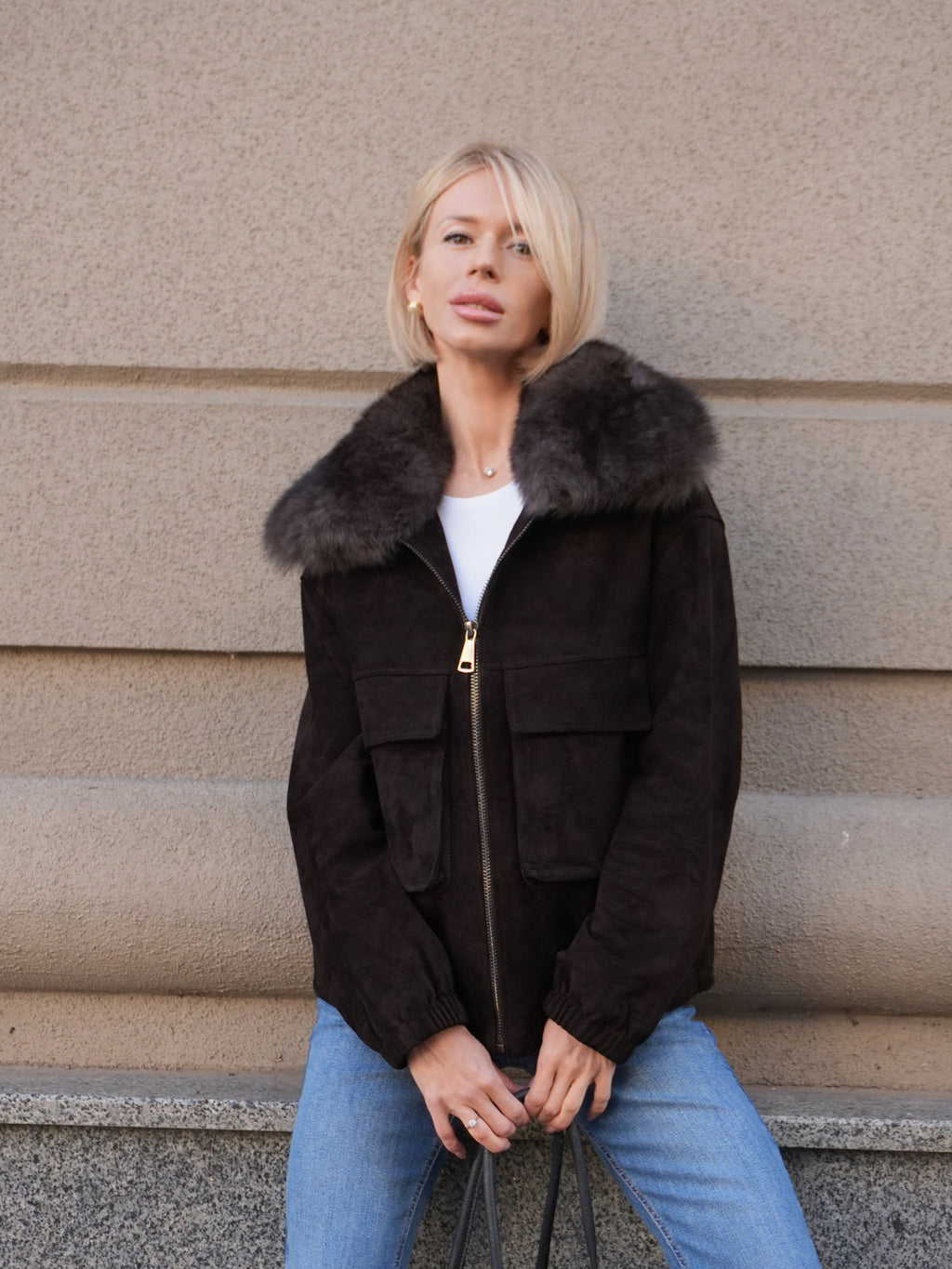 Nebraska Genuine Suede Polar Fox Trim Jacket in Cognac