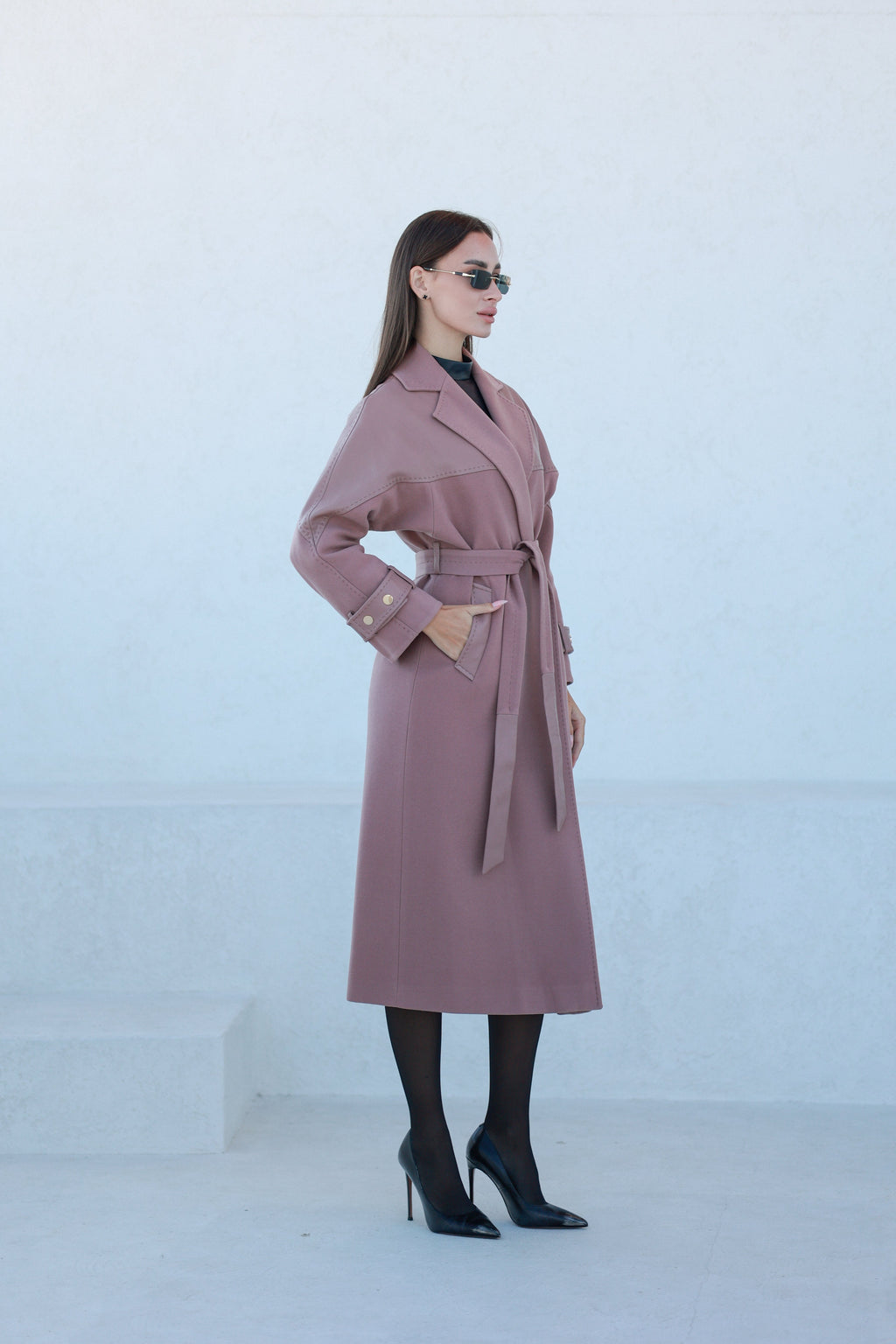 Rose Leather Trim Cashmere Blend Overcoat