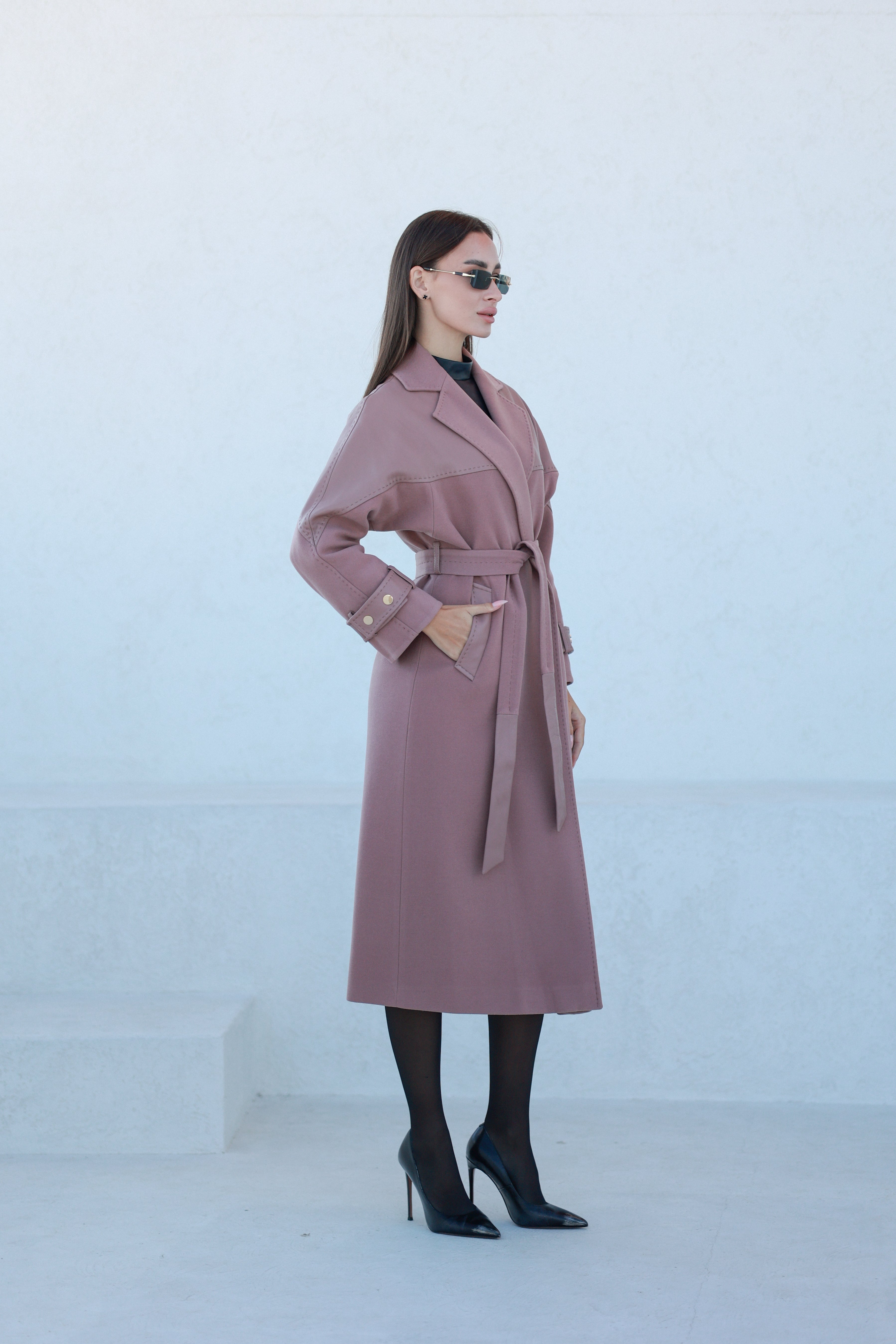 Rose Leather Trim Cashmere Blend Overcoat