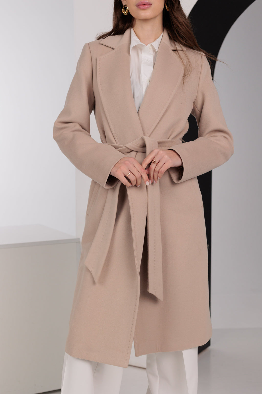 Geneva Classic Wraparound Wool Blend Overcoat in Beige