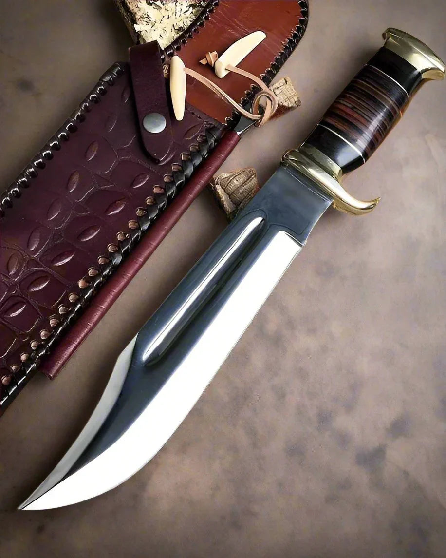 Custom Handmade D2 Steel Dundee Bowie Knife – 15” Buffalo Horn & Leather Grip with Sheath