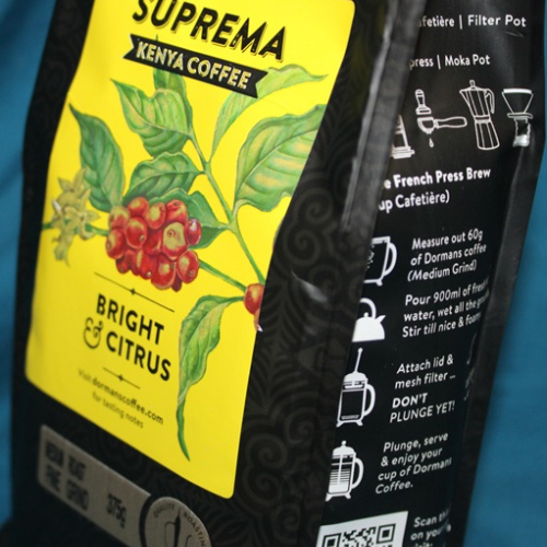 Brewing instructions on Dormans Suprema Kenya Coffee package