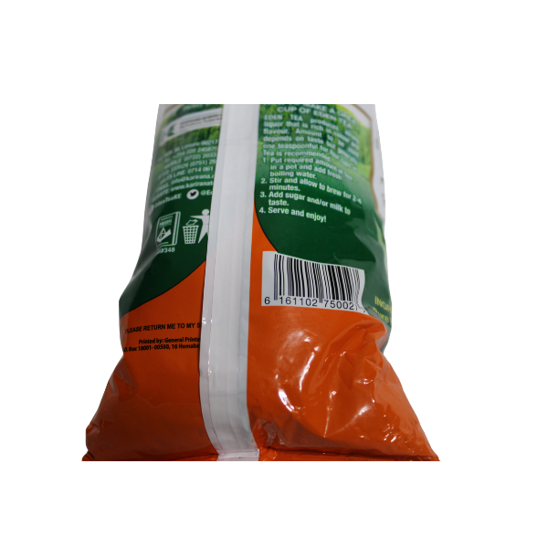 Eden Tea 500g back of pouch barcode and product information Kenyan tea