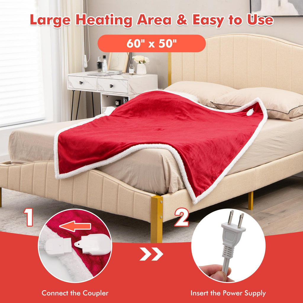 Electric Heated Blanket Throw Reversible Flannel and Sherpa Blanket