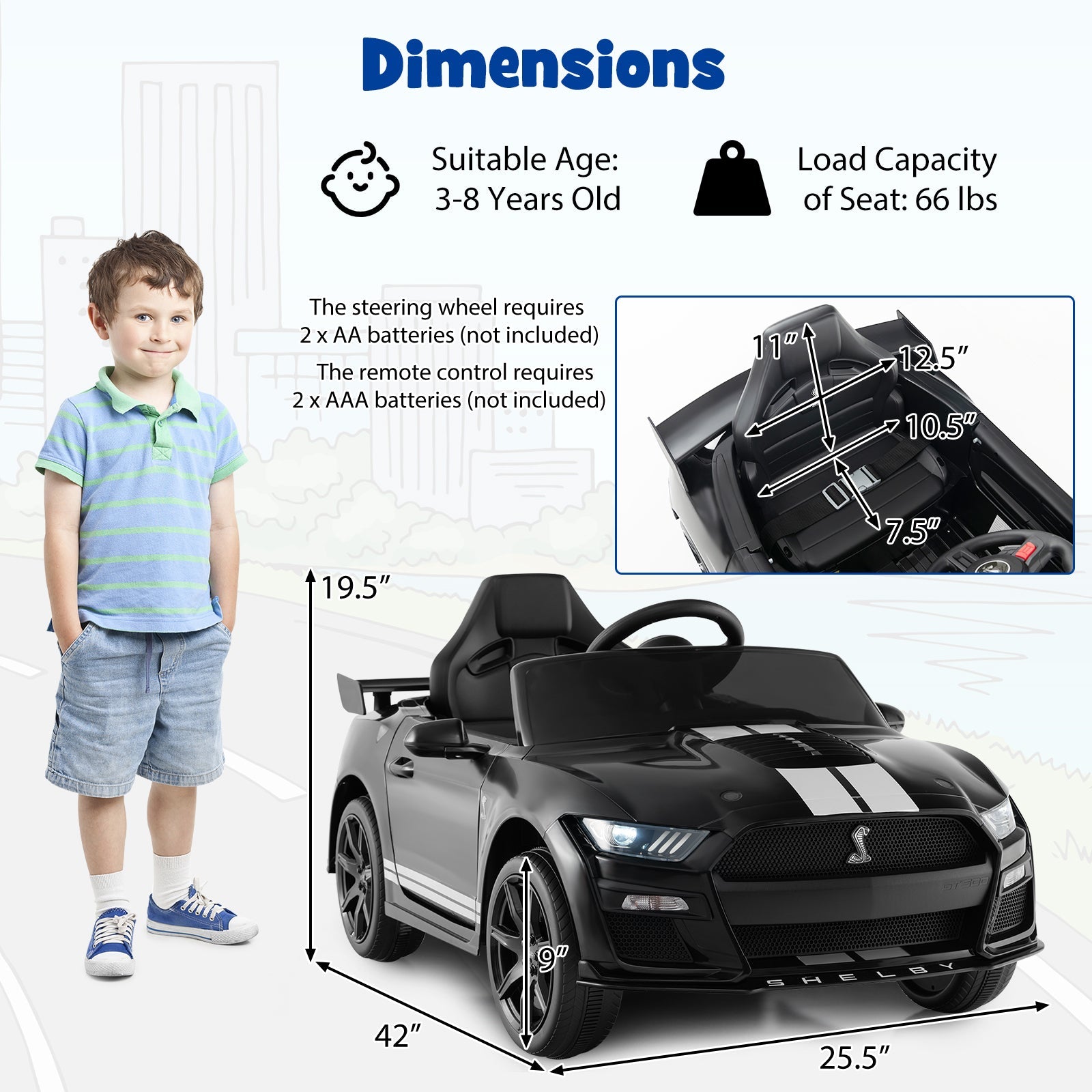 12V Licensed Ford Mustang Shelby GT500 Kids Ride on Car with Remote Control for Kids Aged 3-8