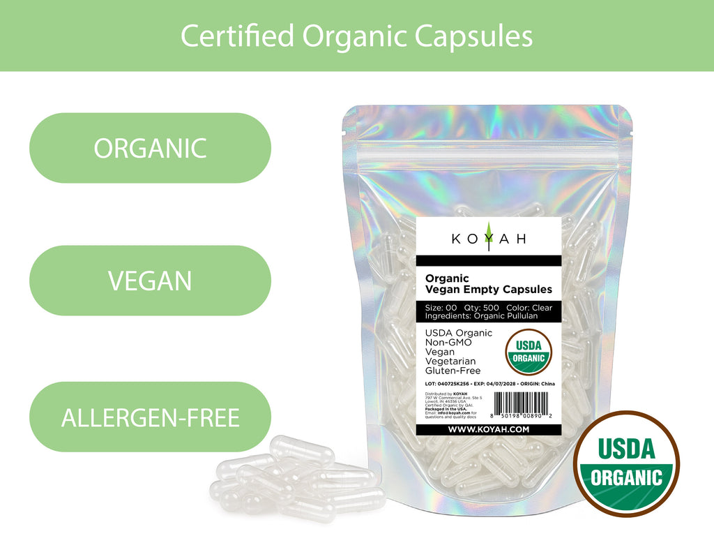 Certified Organic Empty Vegan Capsules: Size 00, 500 Count